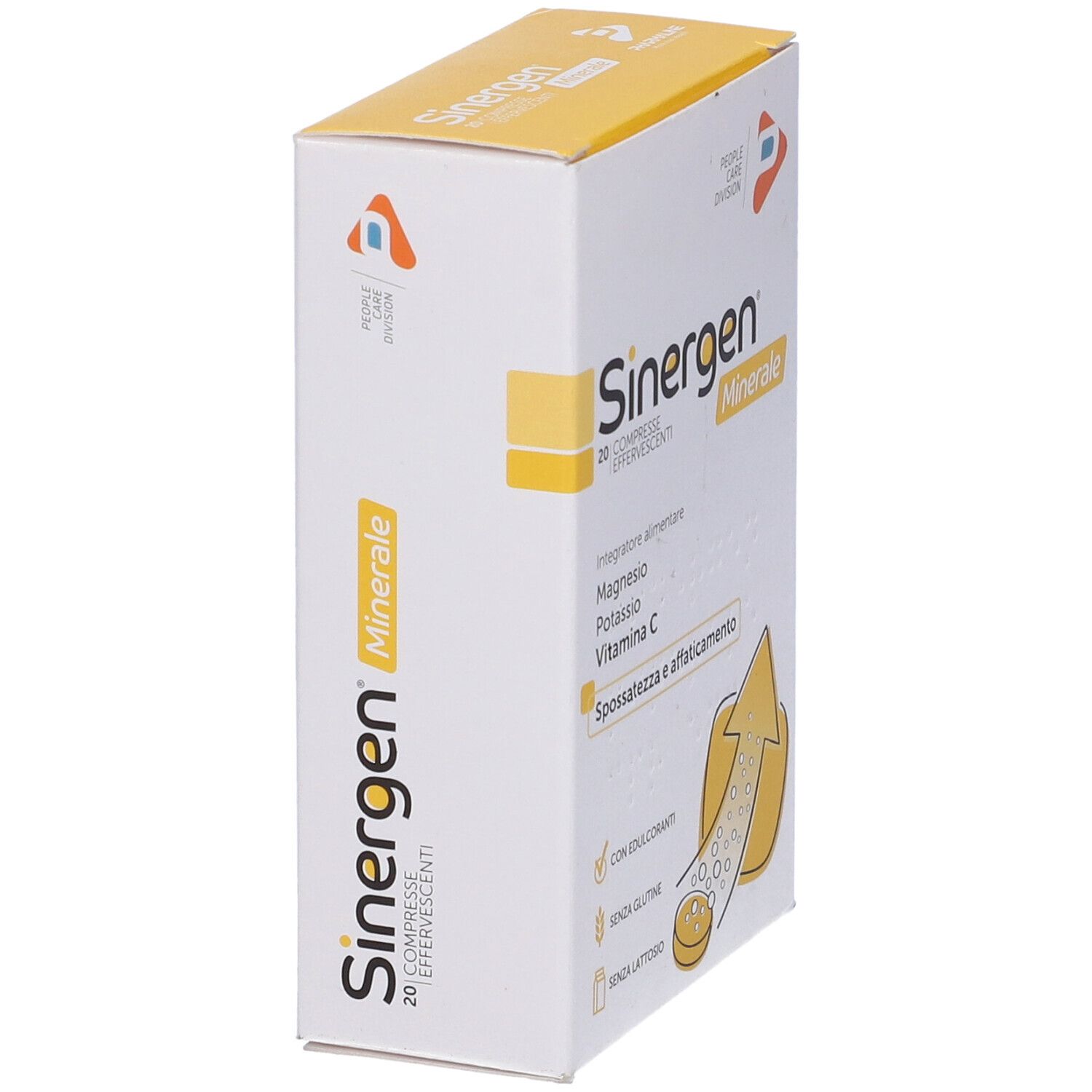 Karton mit Sinergen Minerale. Enthält 20 Brausetabletten. Aufschrift: Magnesium, Kalium, Vitamin C. Mit Süßstoffen, glutenfrei, laktosefrei.
