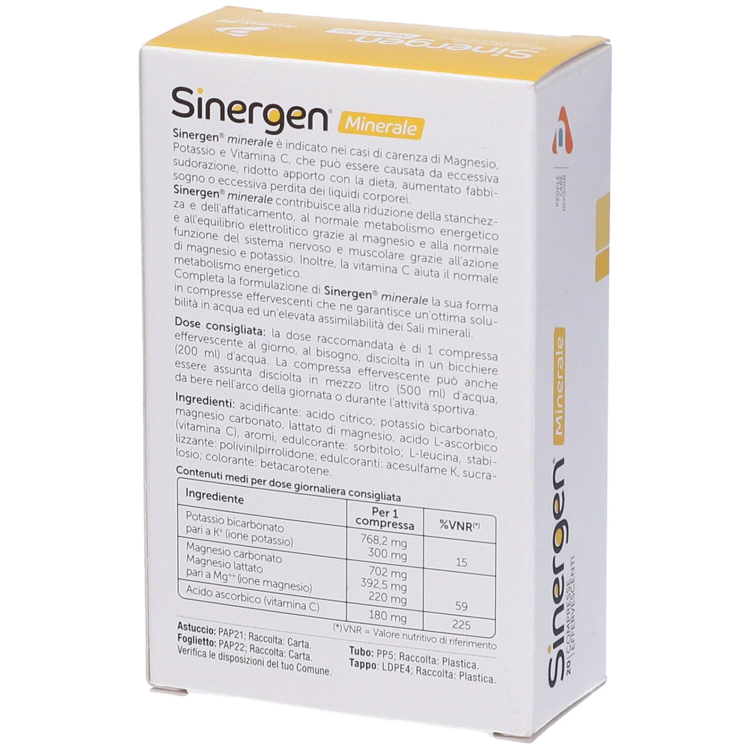 Rückseite der Sinergen Minerale Verpackung. Enthält Informationen zu Inhaltsstoffen, Dosierung und Warnhinweisen. Text in italienischer Sprache.