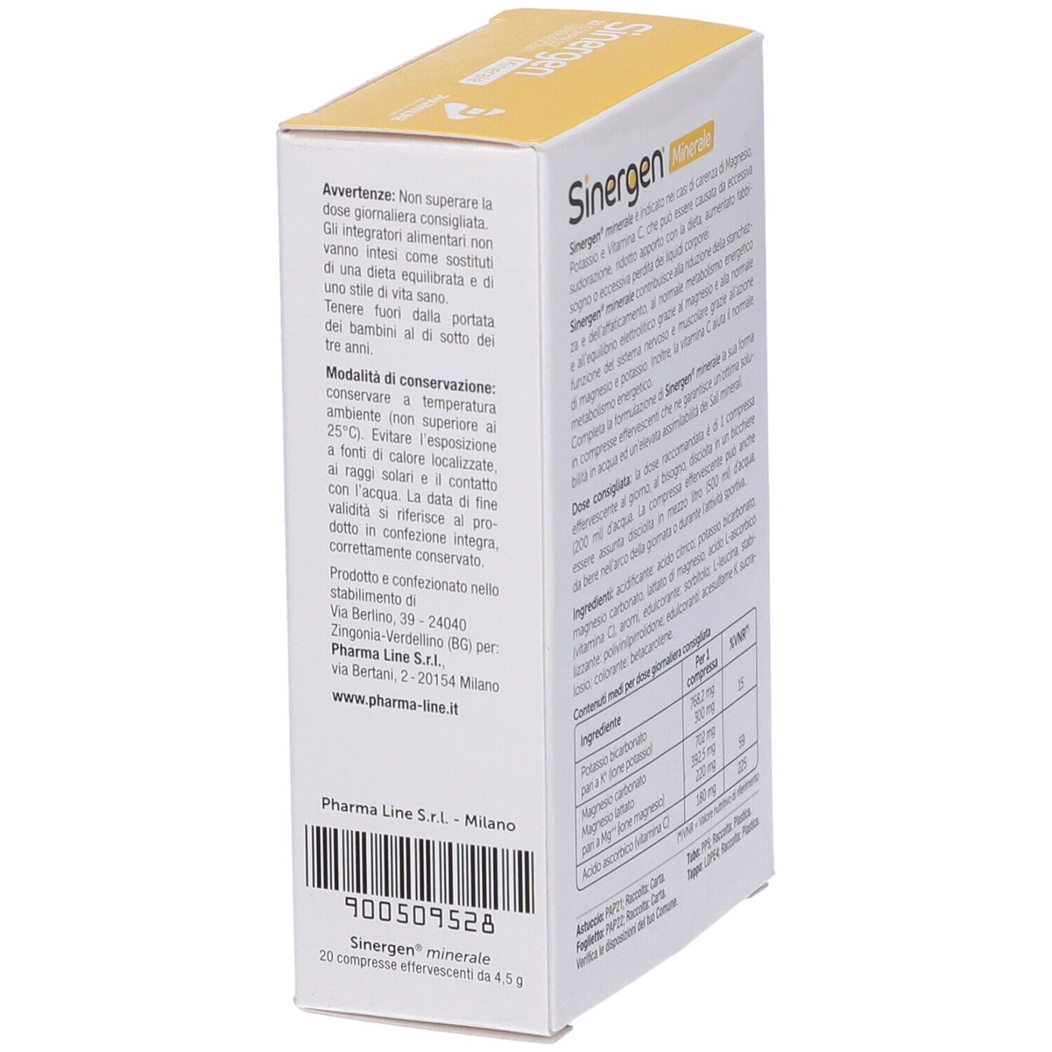 Rückseite der Sinergen Minerale Verpackung. Enthält Informationen zu Inhaltsstoffen, Dosierung und Warnhinweisen. Text in italienischer Sprache.