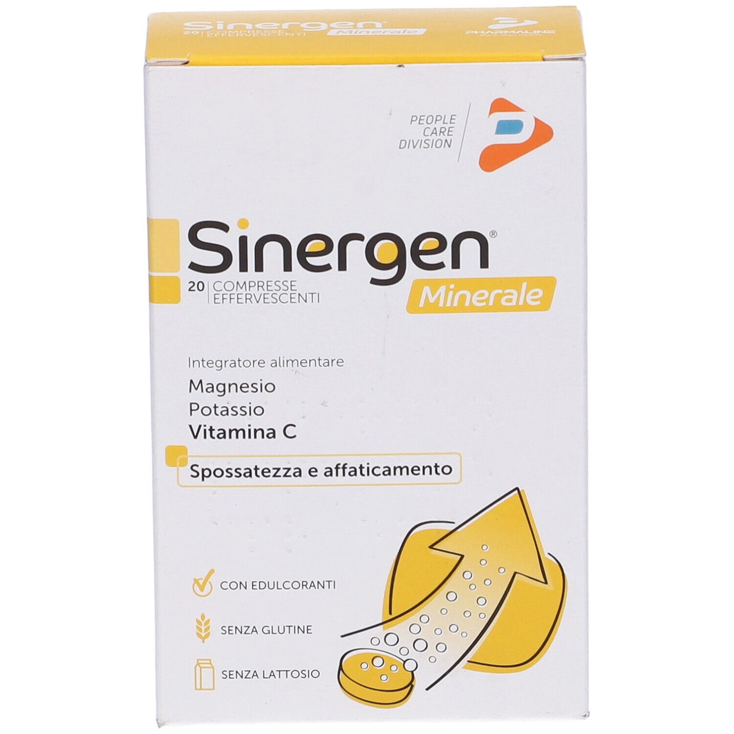 Karton mit Sinergen Minerale. Enthält 20 Brausetabletten. Aufschrift: Magnesium, Kalium, Vitamin C. Mit Süßstoffen, glutenfrei, laktosefrei.