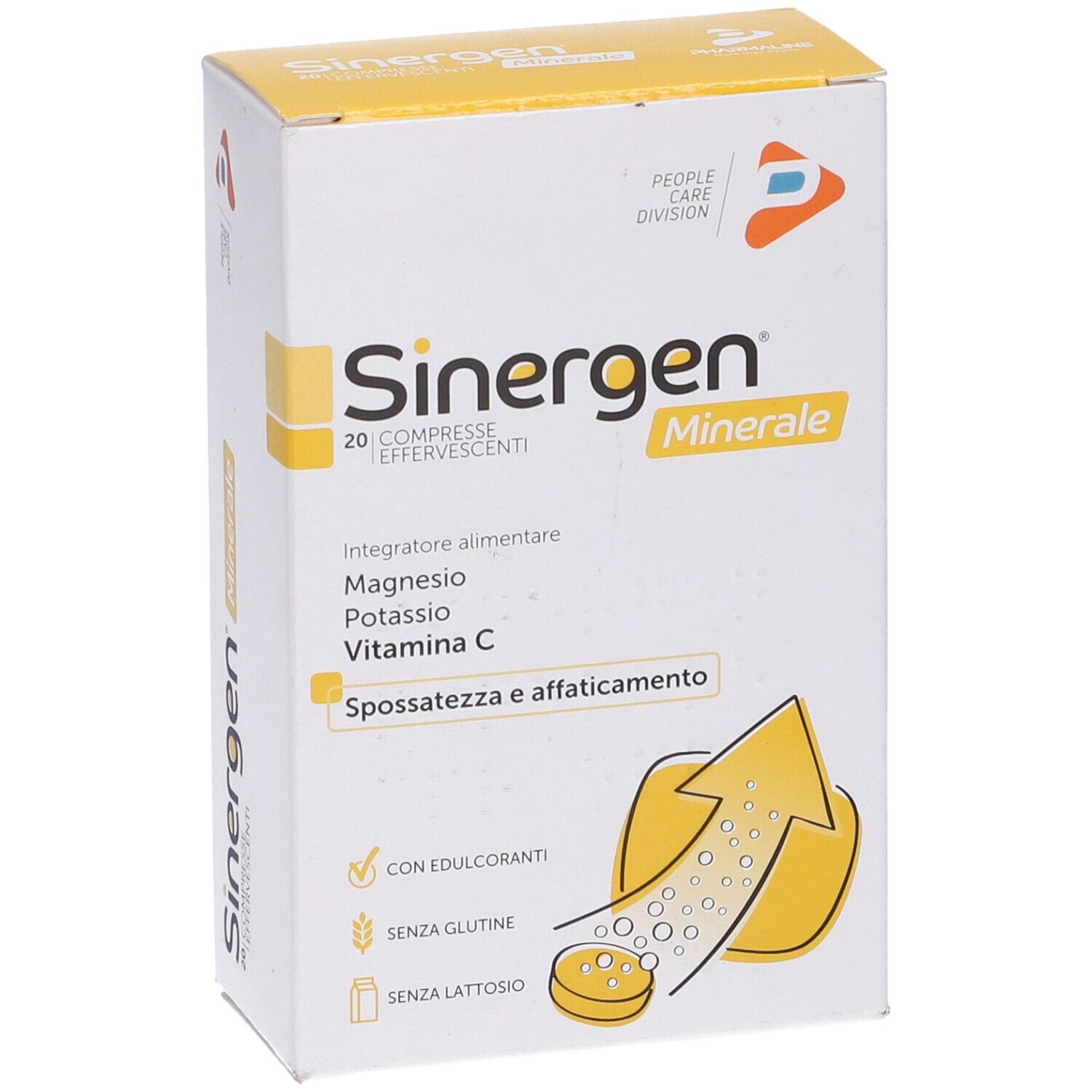 Karton mit Sinergen Minerale. Enthält 20 Brausetabletten. Aufschrift: Magnesium, Kalium, Vitamin C. Mit Süßstoffen, glutenfrei, laktosefrei.