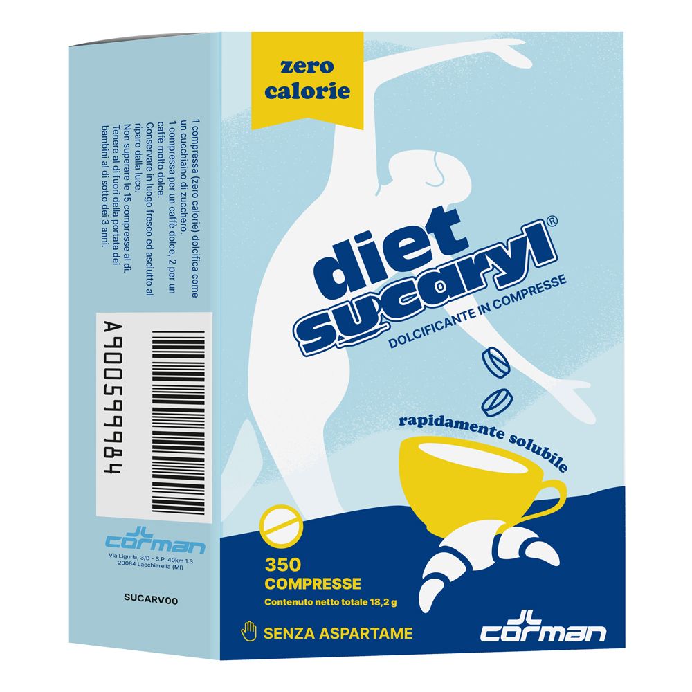 Boîte bleu et blanche avec logo "diet Sucaryl". Contient 350 comprimés. "Zéro calorie" et "sans aspartame" sont également imprimés.