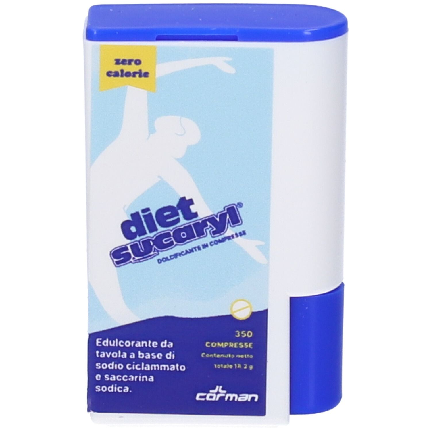 Distributeur de comprimés blanc et bleu avec logo "diet Sucaryl". Contient 350 comprimés. "Zéro calorie" est également imprimé. Bouchon bleu.