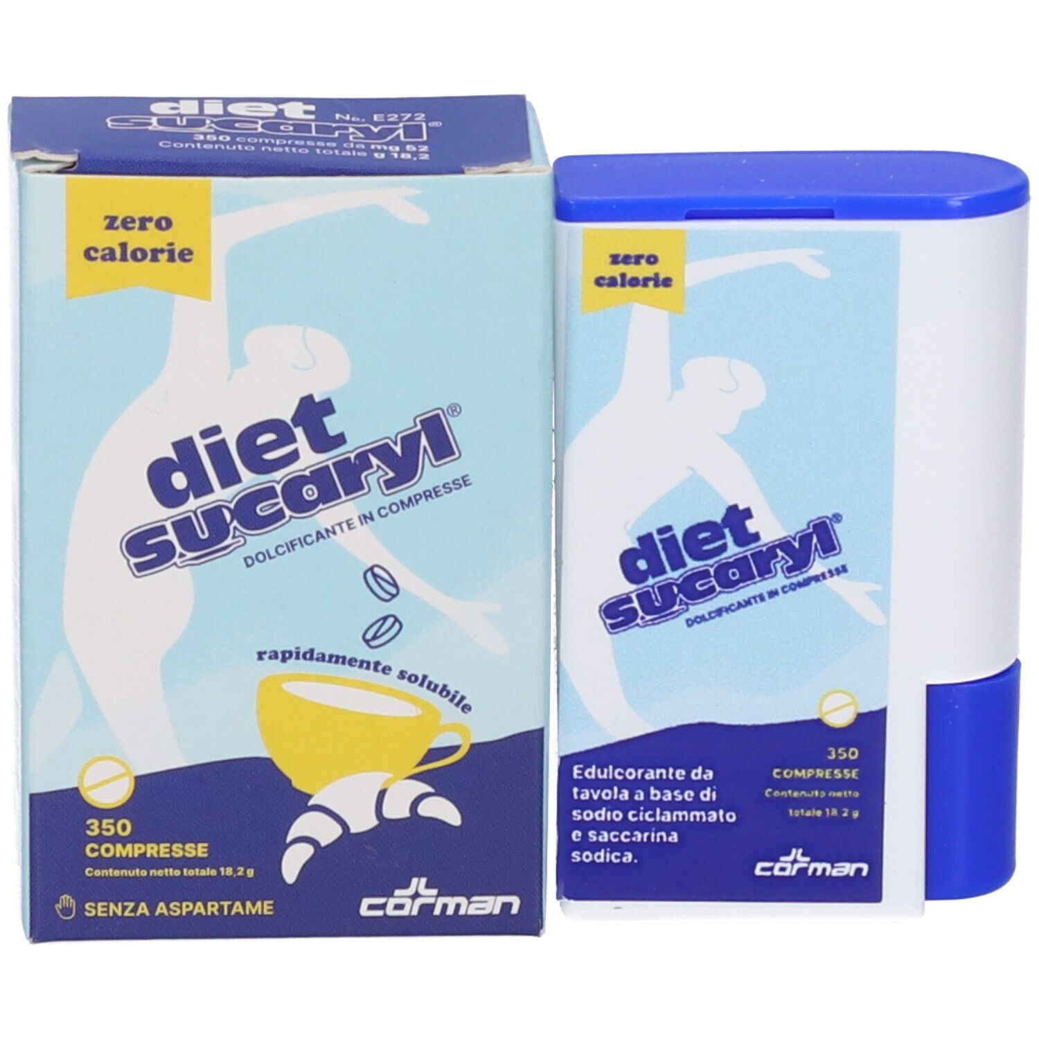 Boîte et distributeur de comprimés côte à côte. Les deux avec le logo "diet Sucaryl". Boîte avec 350 comprimés. "Zéro calorie" est imprimé.