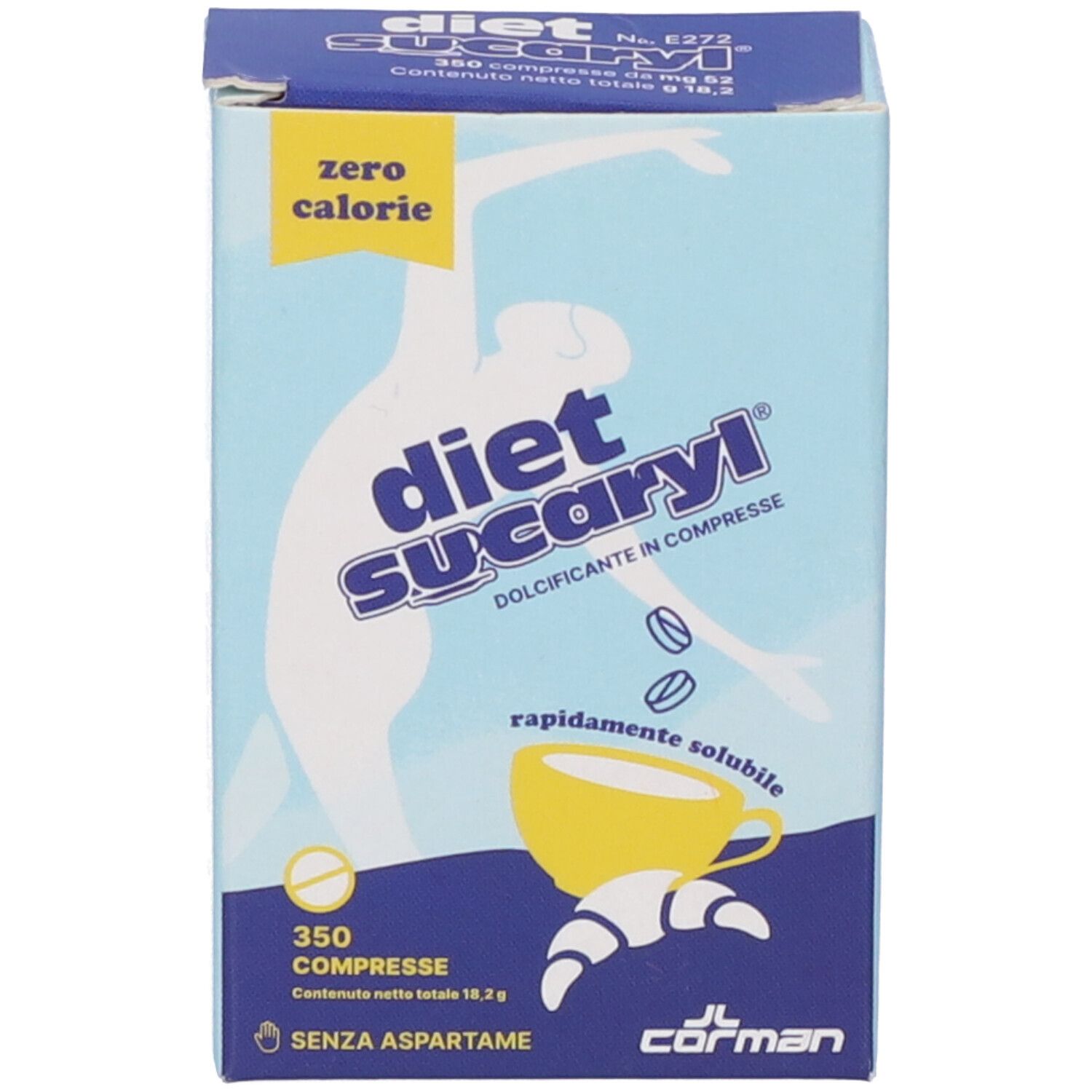 Boîte bleu et blanche avec logo "diet Sucaryl". Contient 350 comprimés. "Zéro calorie" est imprimé. "Sans aspartame" et logo JL Corman.