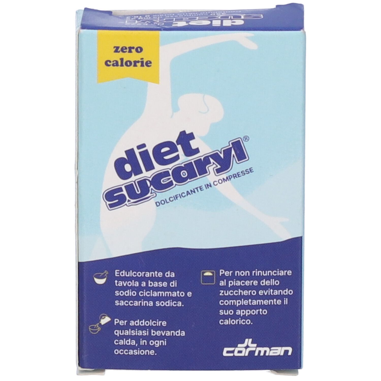 Face avant de la boîte avec logo "diet Sucaryl". Contient des informations et le logo JL Corman. "Zéro calorie" est imprimé.