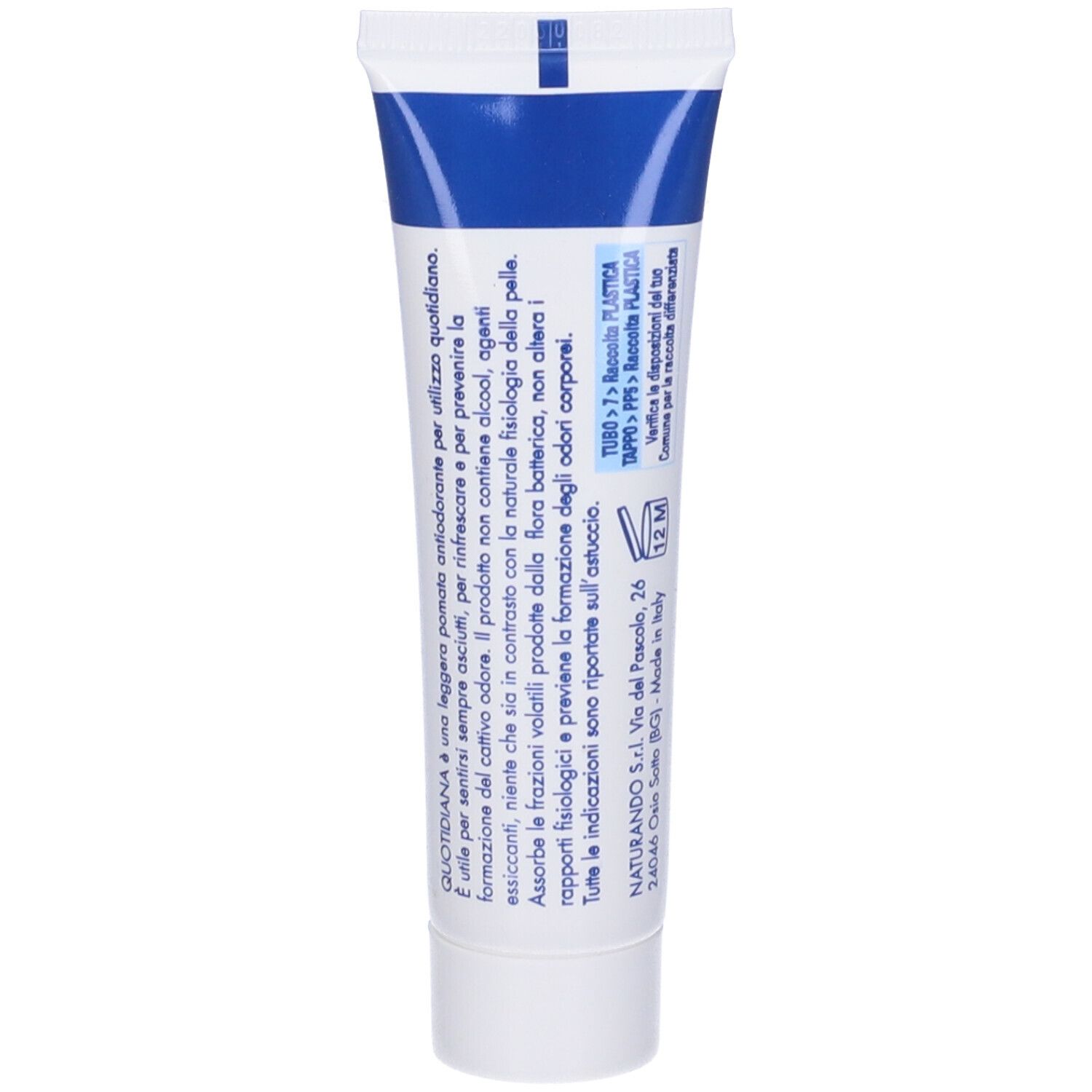 Rückseite der Creme-Tube. Text über Inhaltsstoffe und Anwendung. Marke: NATURANDO.
