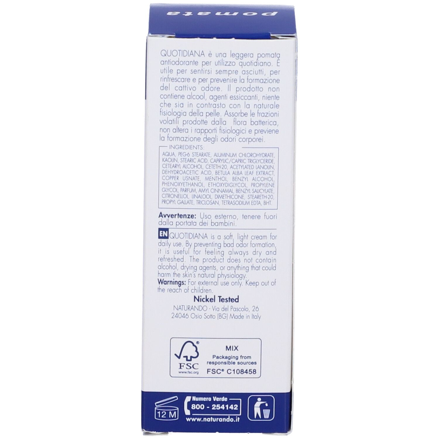 Rückseite der Schachtel. Text über Inhaltsstoffe und Anwendung. Marke: NATURANDO.