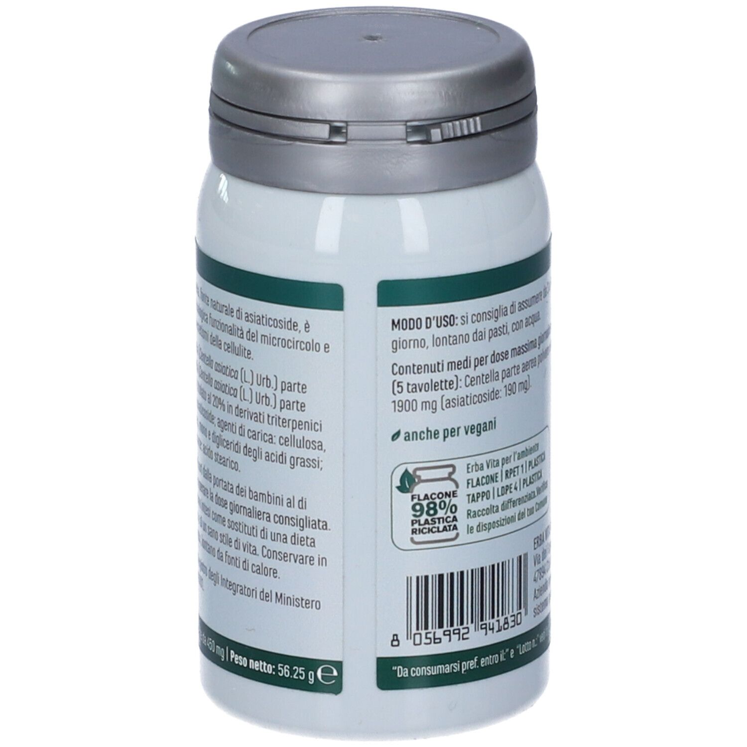 Rückseite der Flasche. Text: Inhaltsstoffe, Gebrauchsanweisung. Recycling-Logo. Gewicht: 56,25 g.