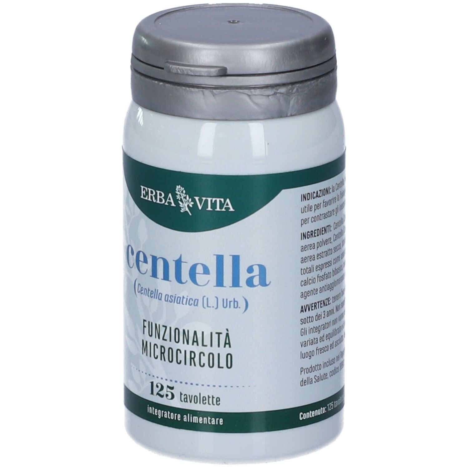 Weiße Flasche mit silbernem Deckel. Aufschrift: Erba Vita, Centella, 125 Tabletten. Produkt für Mikrozirkulation.