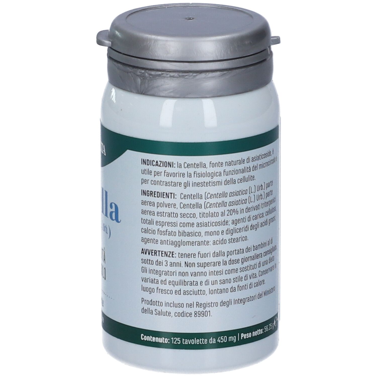Rückseite der Flasche. Text: Inhaltsstoffe, Gebrauchsanweisung. Gewicht: 56,25 g. Code 89901.
