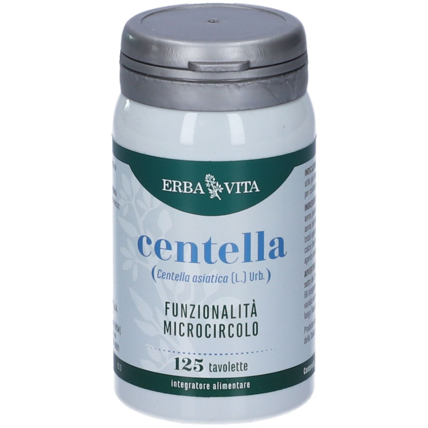 Weiße Flasche mit silbernem Deckel. Aufschrift: Erba Vita, Centella, 125 Tabletten. Produkt für Mikrozirkulation.