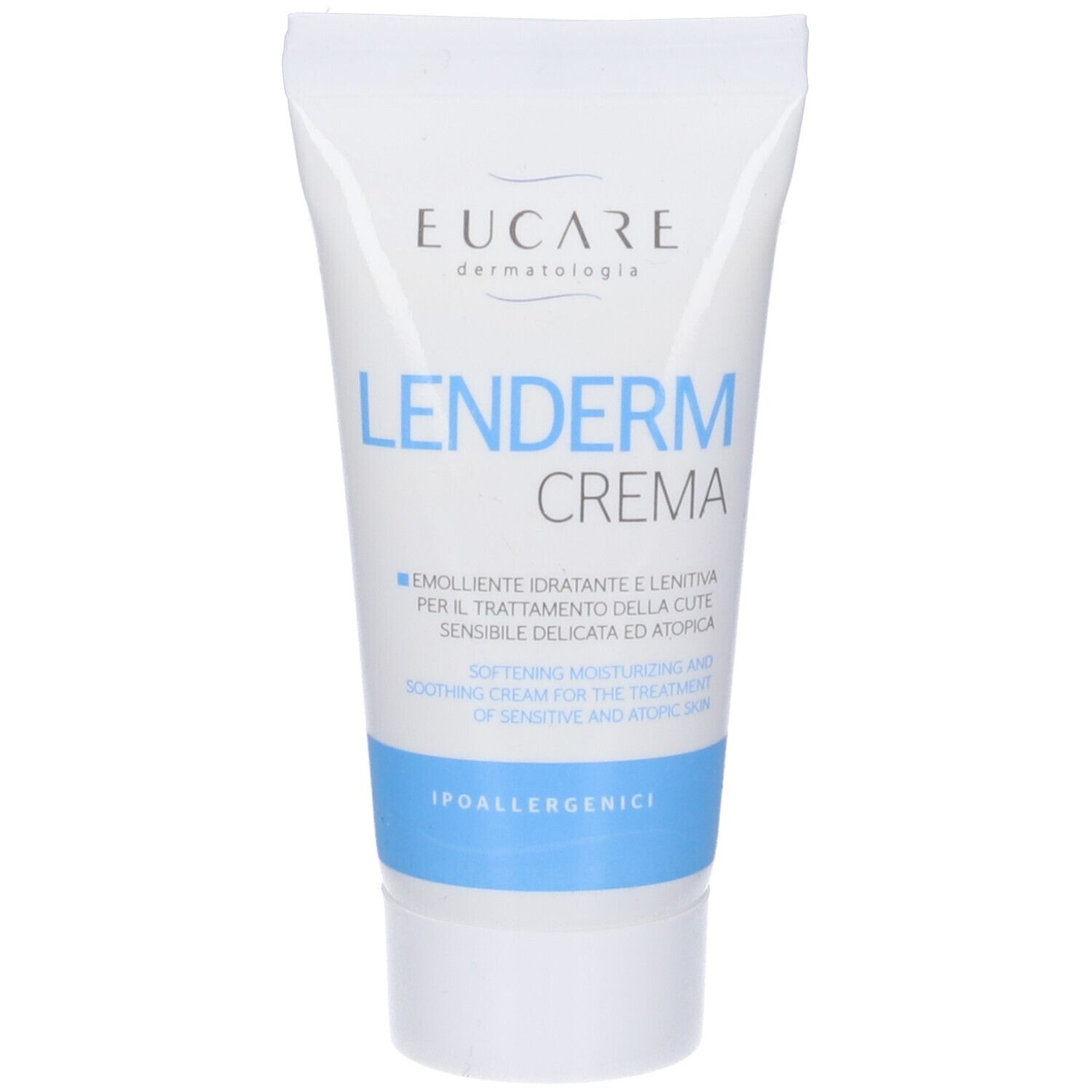 Weisse Tube mit blauer Schrift. Aufschrift: EUCARE Lenderm Crema. Text in Italienisch und Englisch. Hypoallergen.