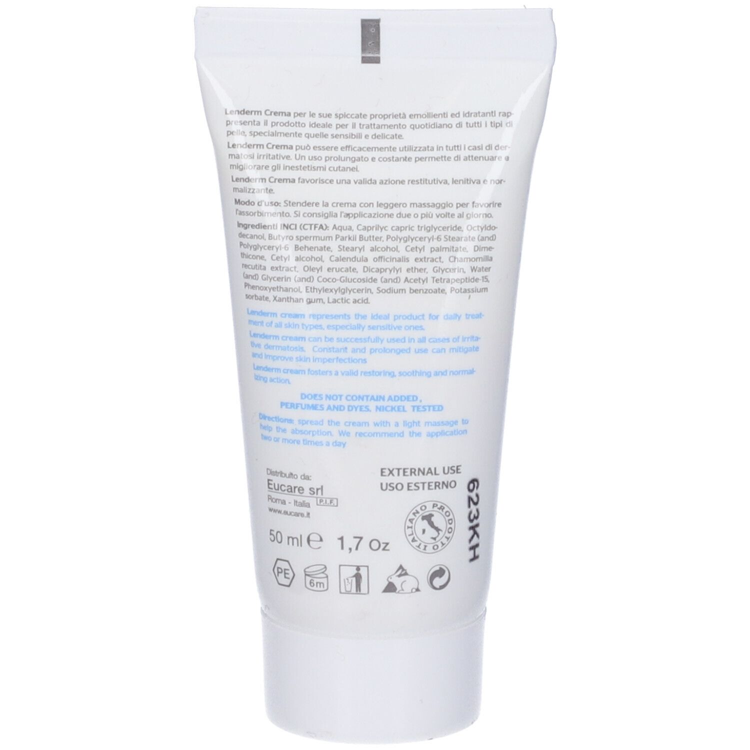 Rückseite der Tube. Text in Italienisch. Enthält keine Zusätze, Parfums und Farbstoffe. Nickel getestet.