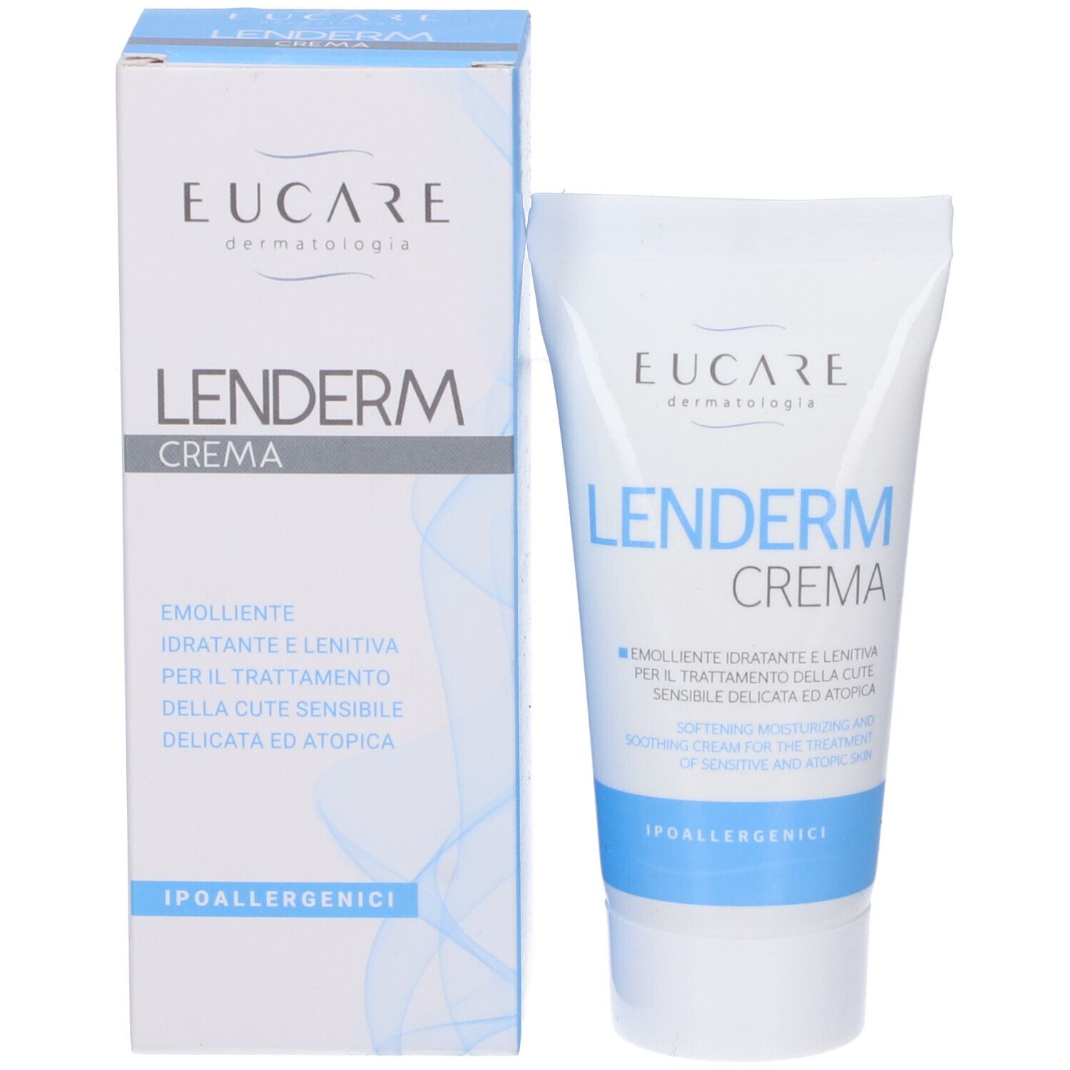 Creme-Tube und Schachtel. Aufschrift: EUCARE Lenderm Crema. Text in Italienisch. Hypoallergen.