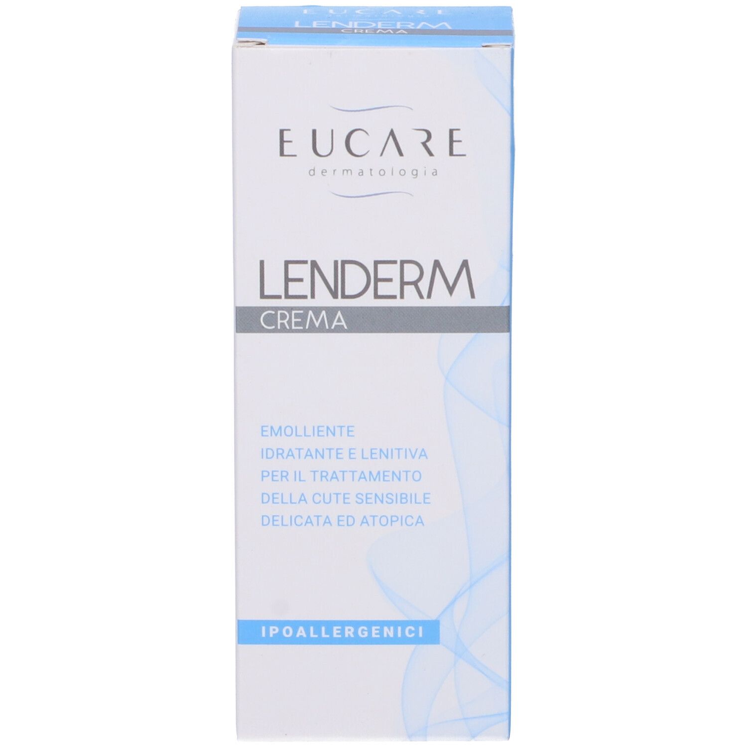 Schachtel mit Aufschrift: EUCARE Lenderm Crema. Text in Italienisch. Hypoallergen.