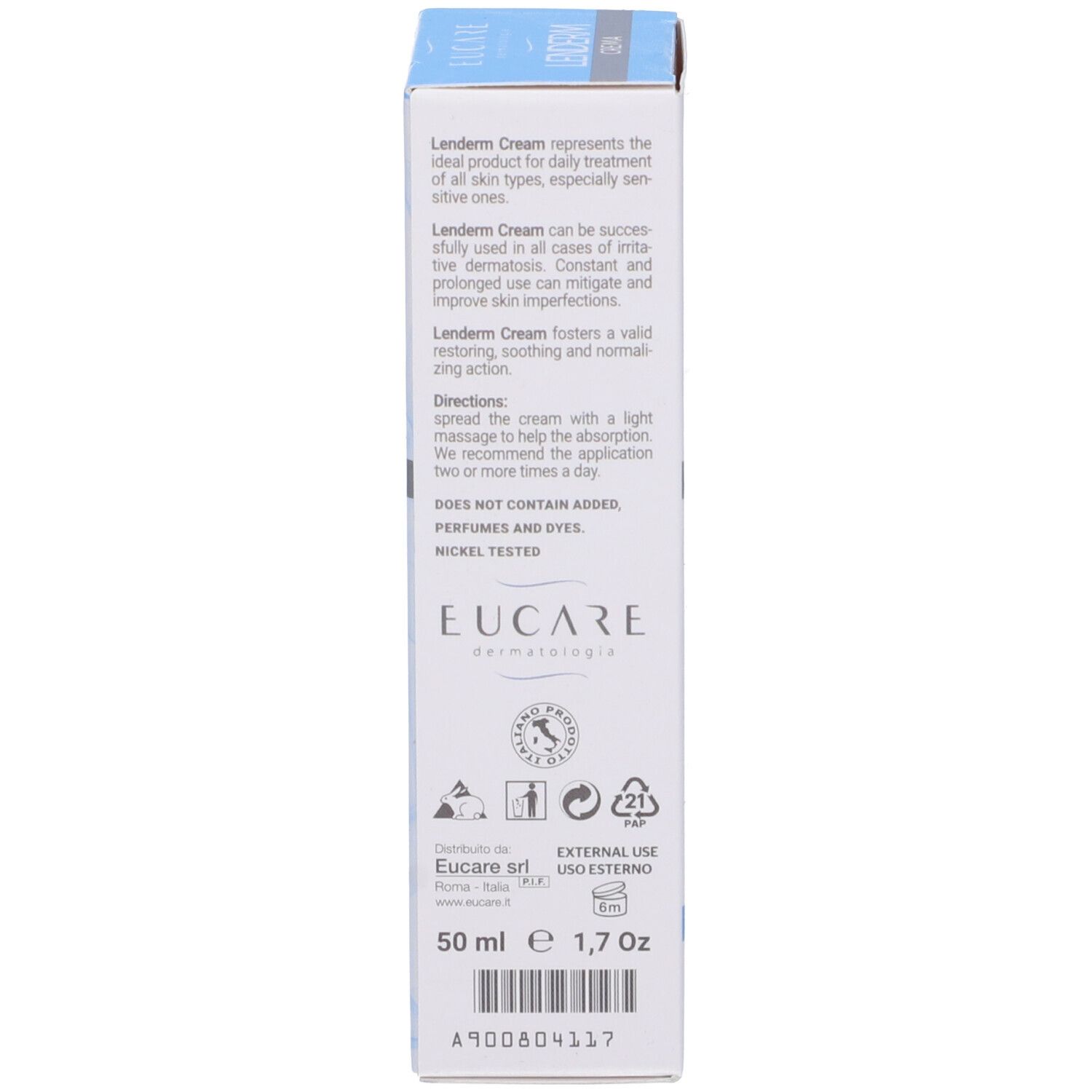 Seite der Schachtel. Text in Italienisch. Enthält keine Zusätze, Parfums und Farbstoffe. Nickel getestet.