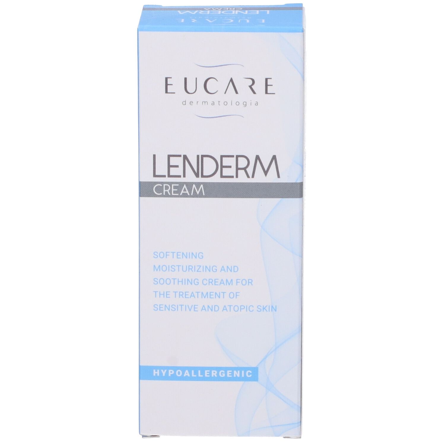 Vorderseite der Schachtel. Aufschrift: EUCARE Lenderm Crema. Text in Italienisch und Englisch. Hypoallergen.