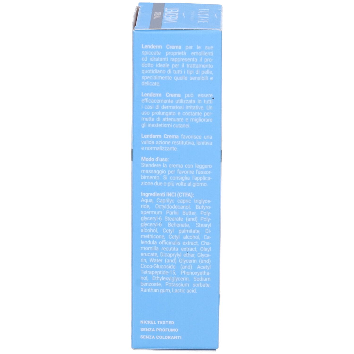 Seite der Schachtel. Text in Italienisch. Enthält keine Zusätze, Parfums und Farbstoffe. Nickel getestet.