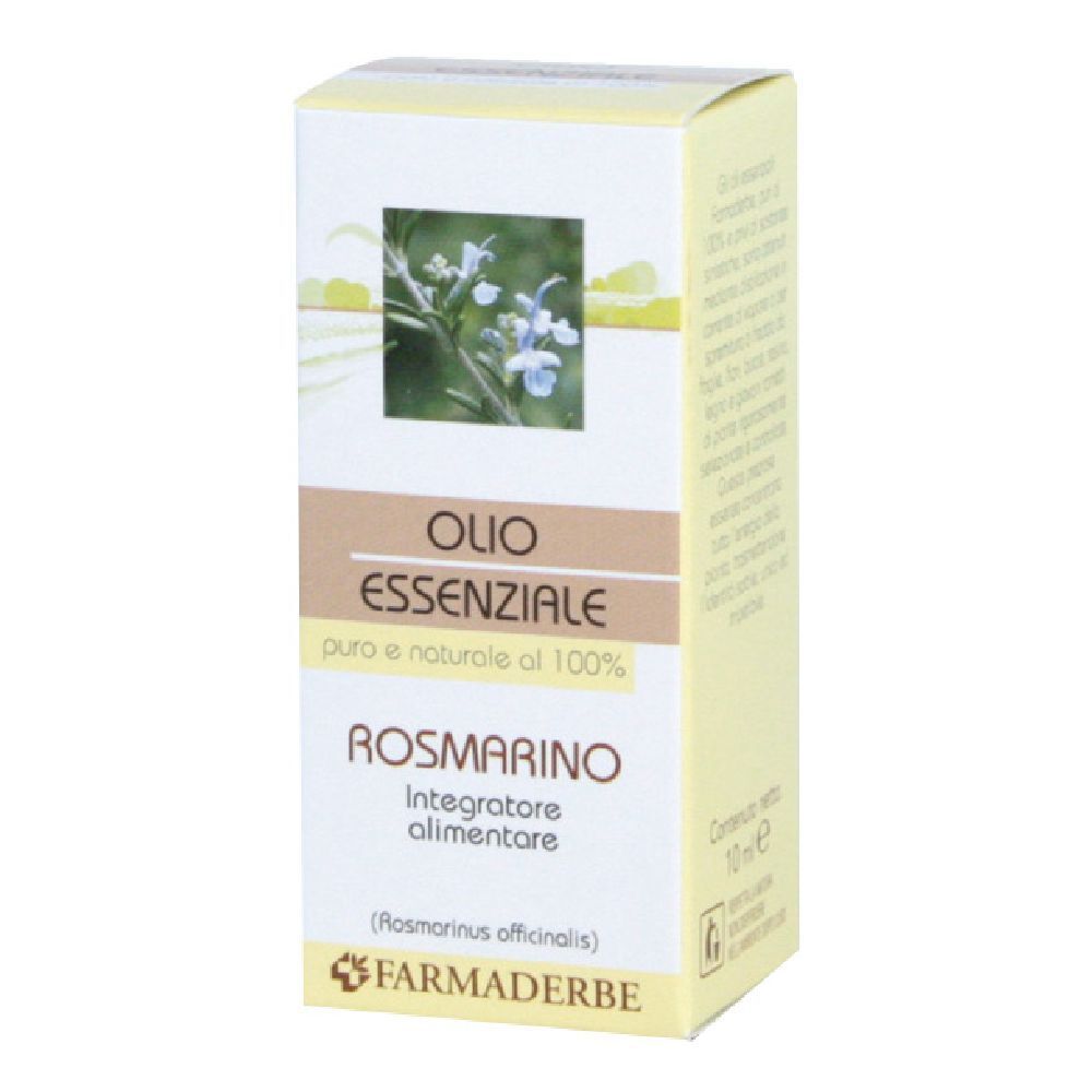 Kartonverpackung mit Aufschrift „Olio Essenziale Rosmarino“. Marke FARMADERBE. Bild von Rosmarinblüten.