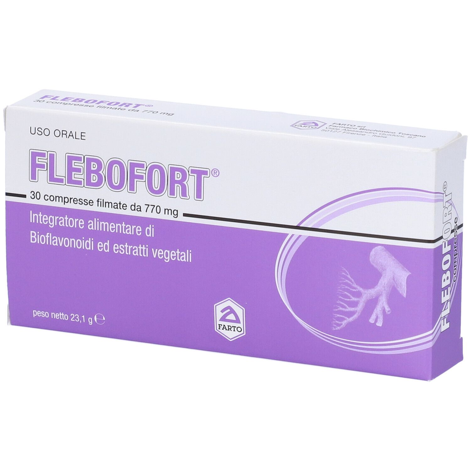 Schachtel mit FLEBOFORT-Tabletten. Lila und weißes Design. Enthält 30 Tabletten. Mit Logo und Produktinformationen.