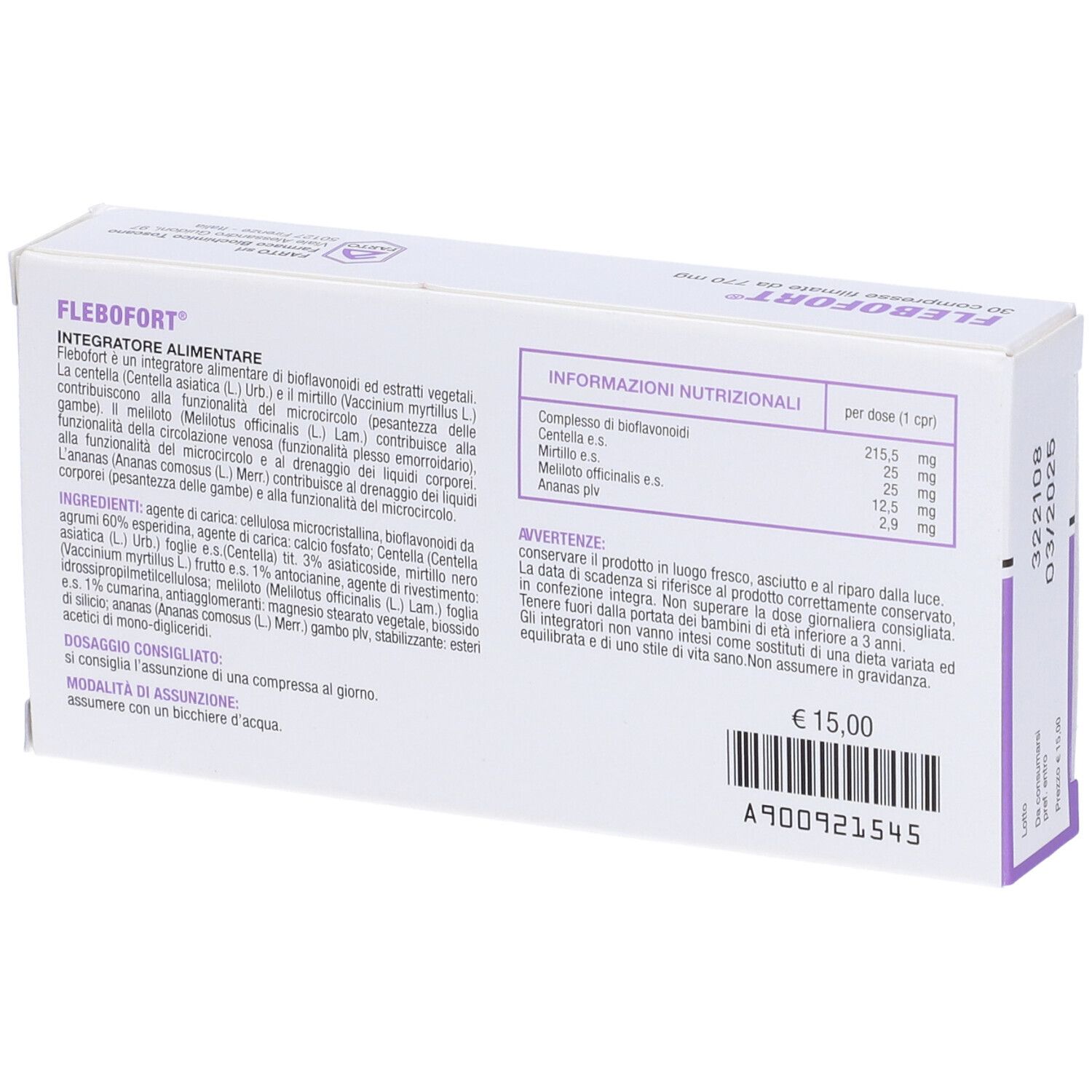 Rückseite der FLEBOFORT-Schachtel. Enthält Nährwertinformationen und Inhaltsstoffe. Preis und Chargennummer sichtbar.