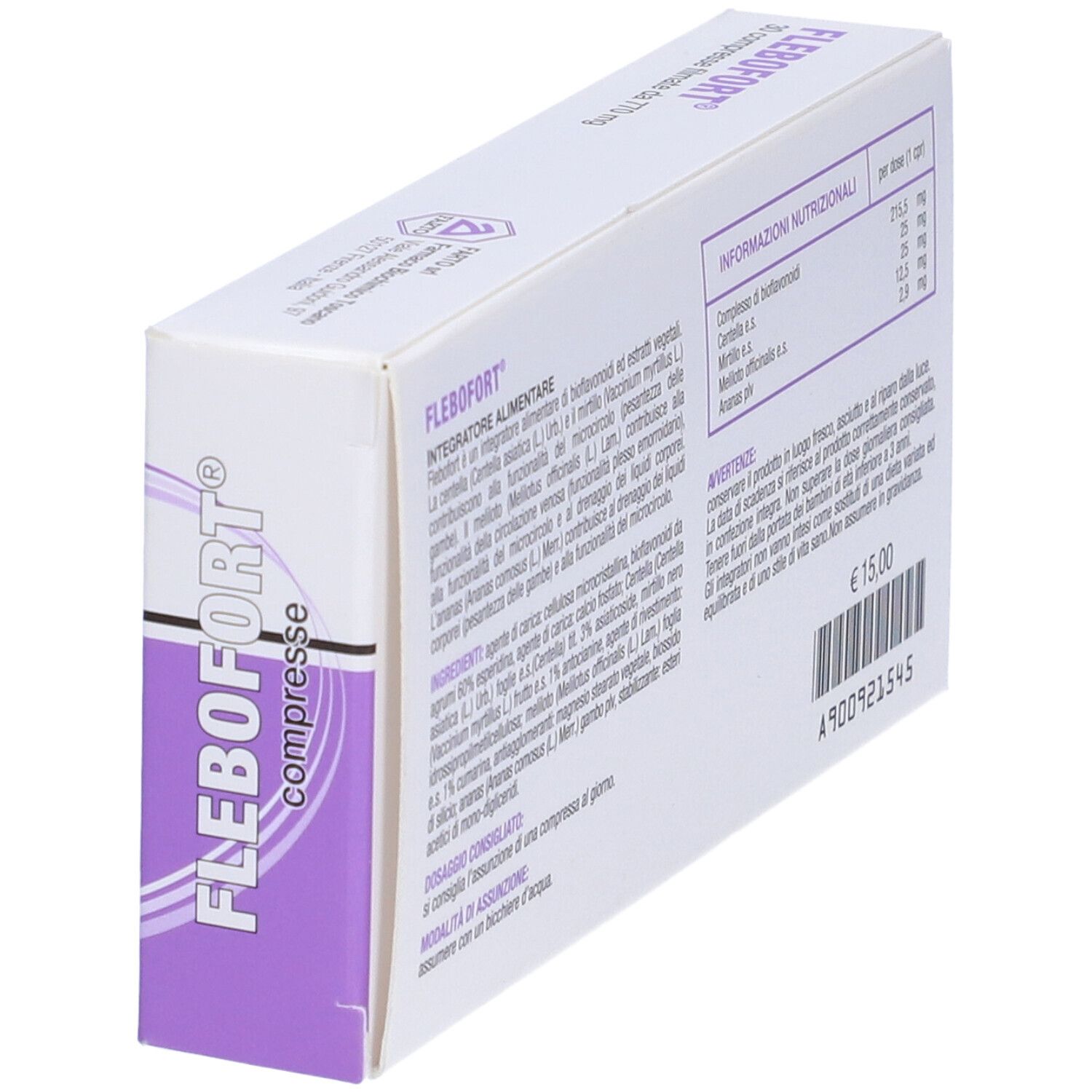 FLEBOFORT-Schachtel, schräg. Rückseite mit Inhaltsstoffen und Nährwertangaben. Preis und Chargennummer.