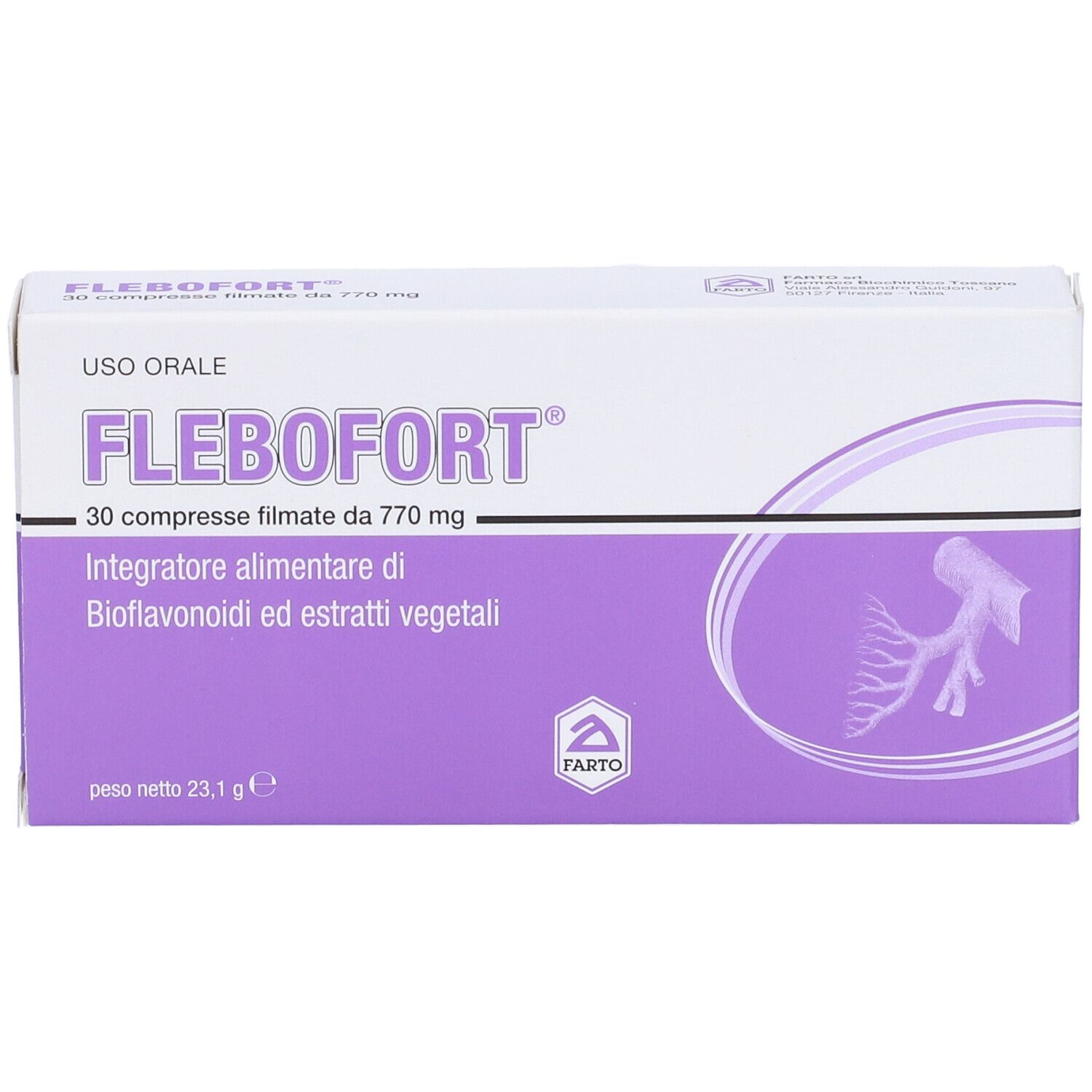 FLEBOFORT-Schachtel. Vorderseite mit Produktnamen und Informationen. Lila und weißes Design. 30 Tabletten.