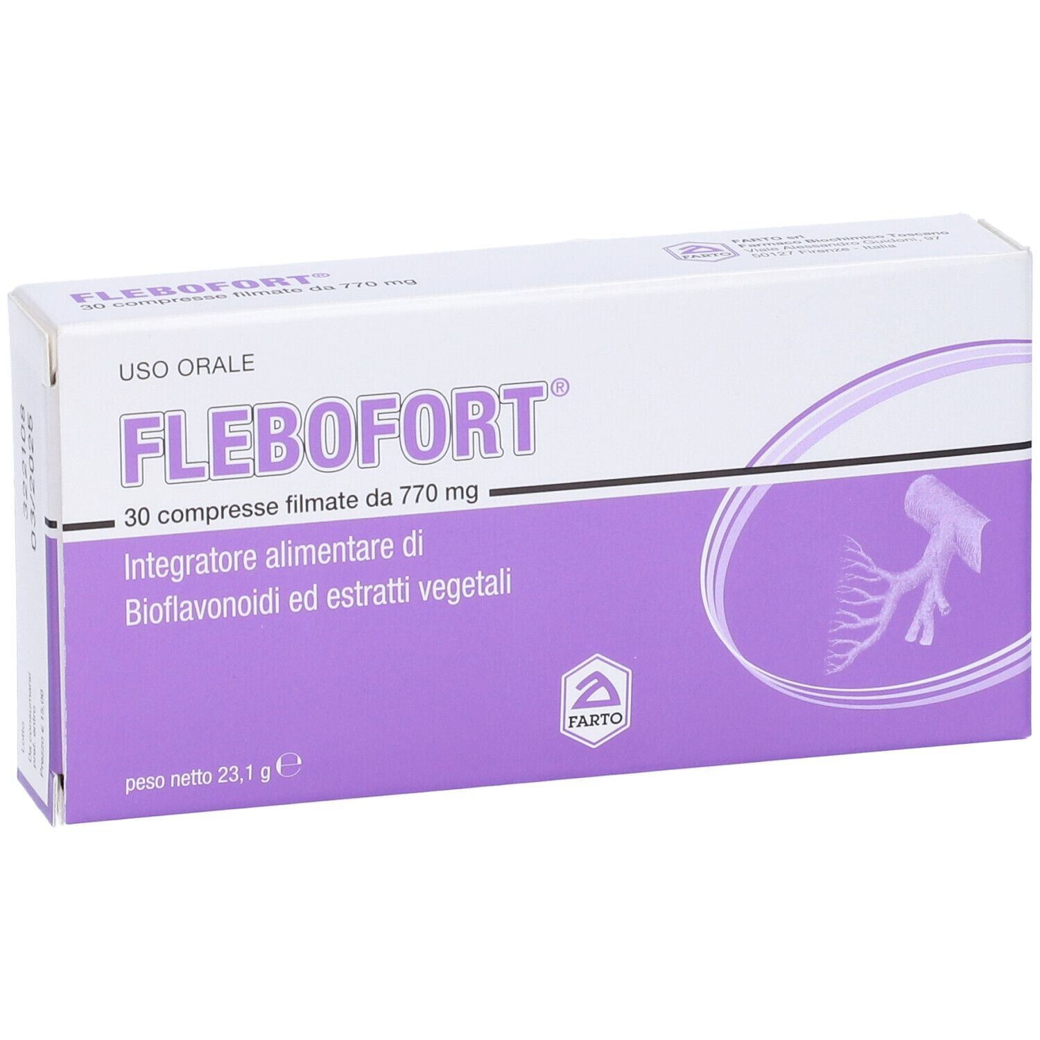 FLEBOFORT-Schachtel. Vorderansicht mit Produktnamen und Informationen. Lila und weißes Design. 30 Tabletten.