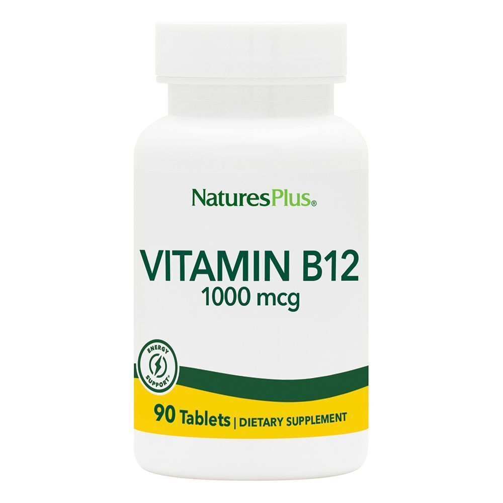 Flacon blanc de Vitamine B12 1000 mcg, marque NaturesPlus. 90 comprimés, complément alimentaire.