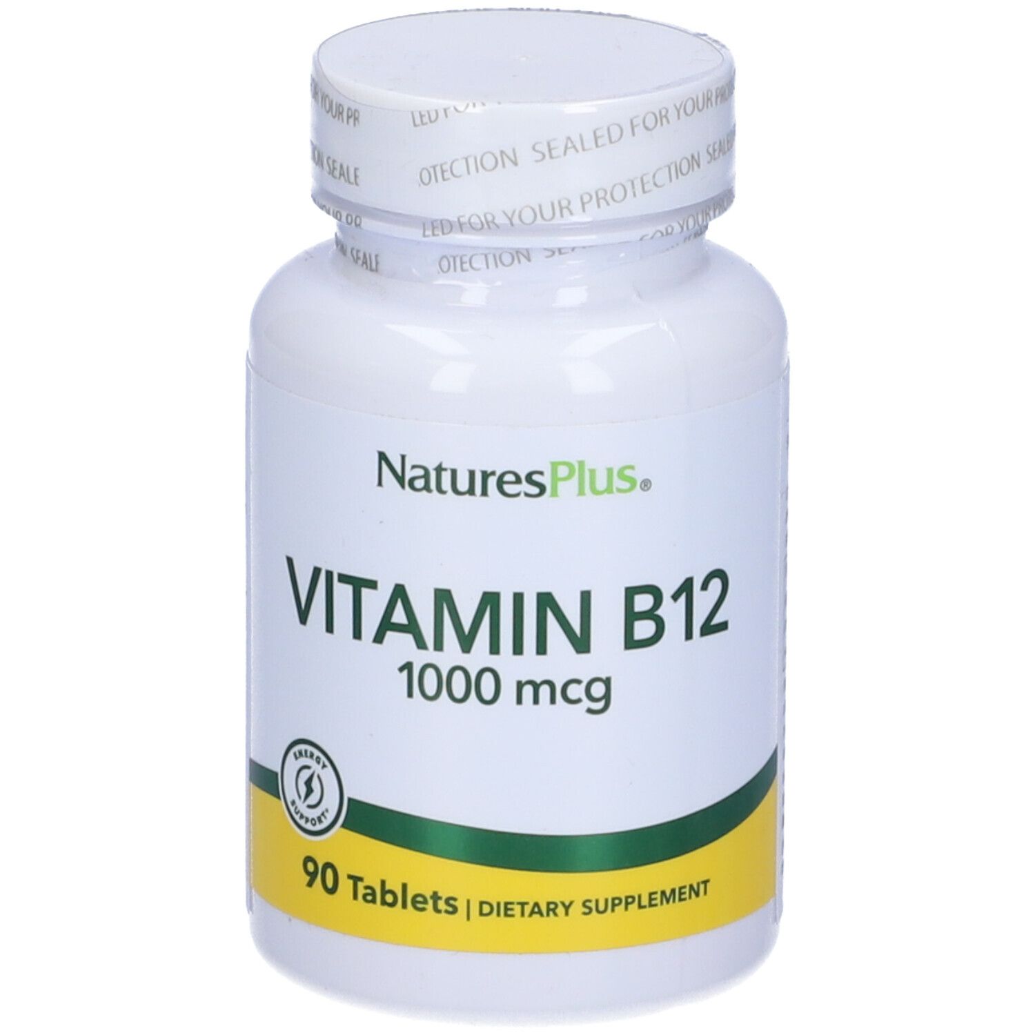 Flacon blanc de Vitamine B12 1000 mcg, marque NaturesPlus. 90 comprimés, complément alimentaire.