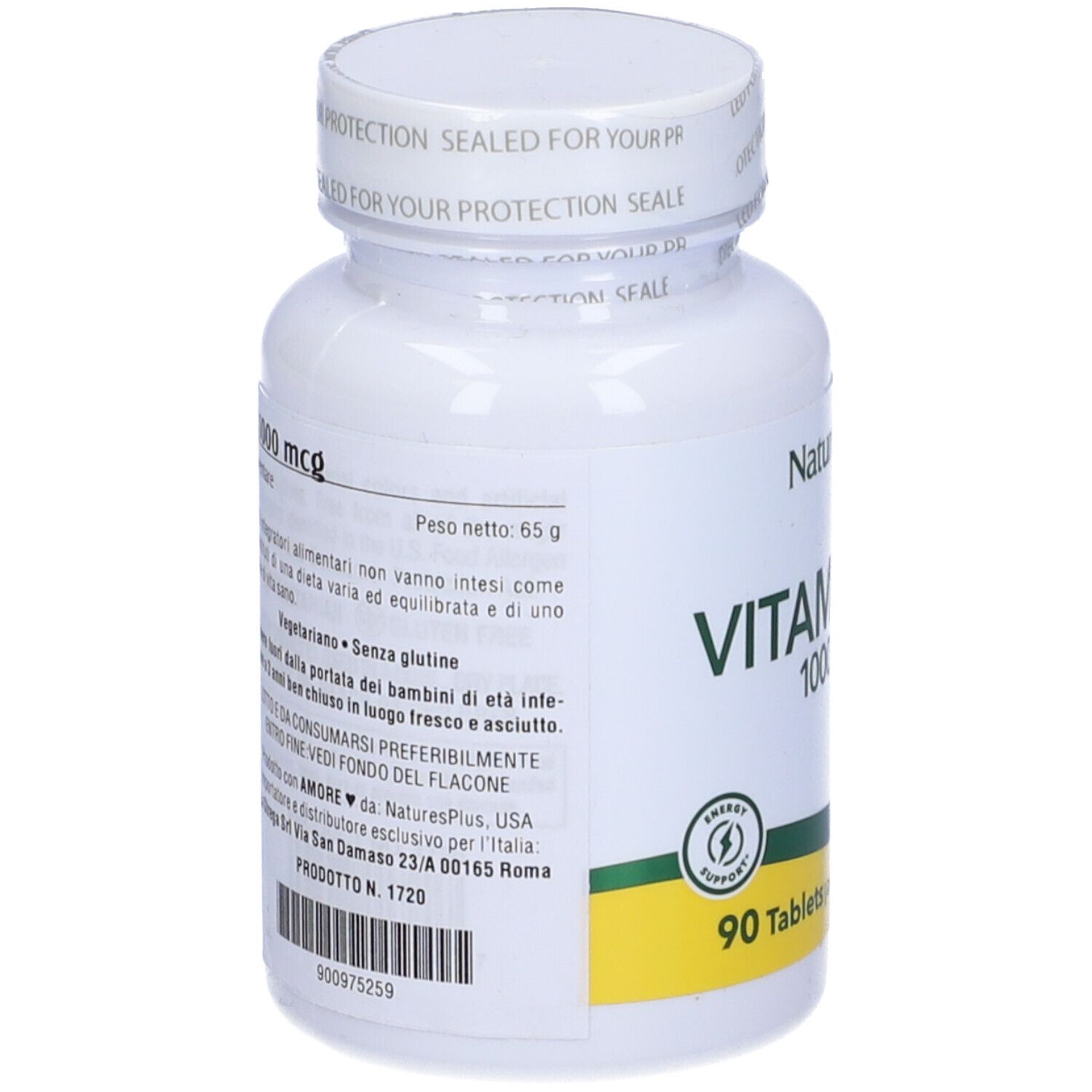 Vue arrière d'un flacon blanc de Vitamine B12 1000 mcg. Texte en italien. 90 comprimés, complément alimentaire.