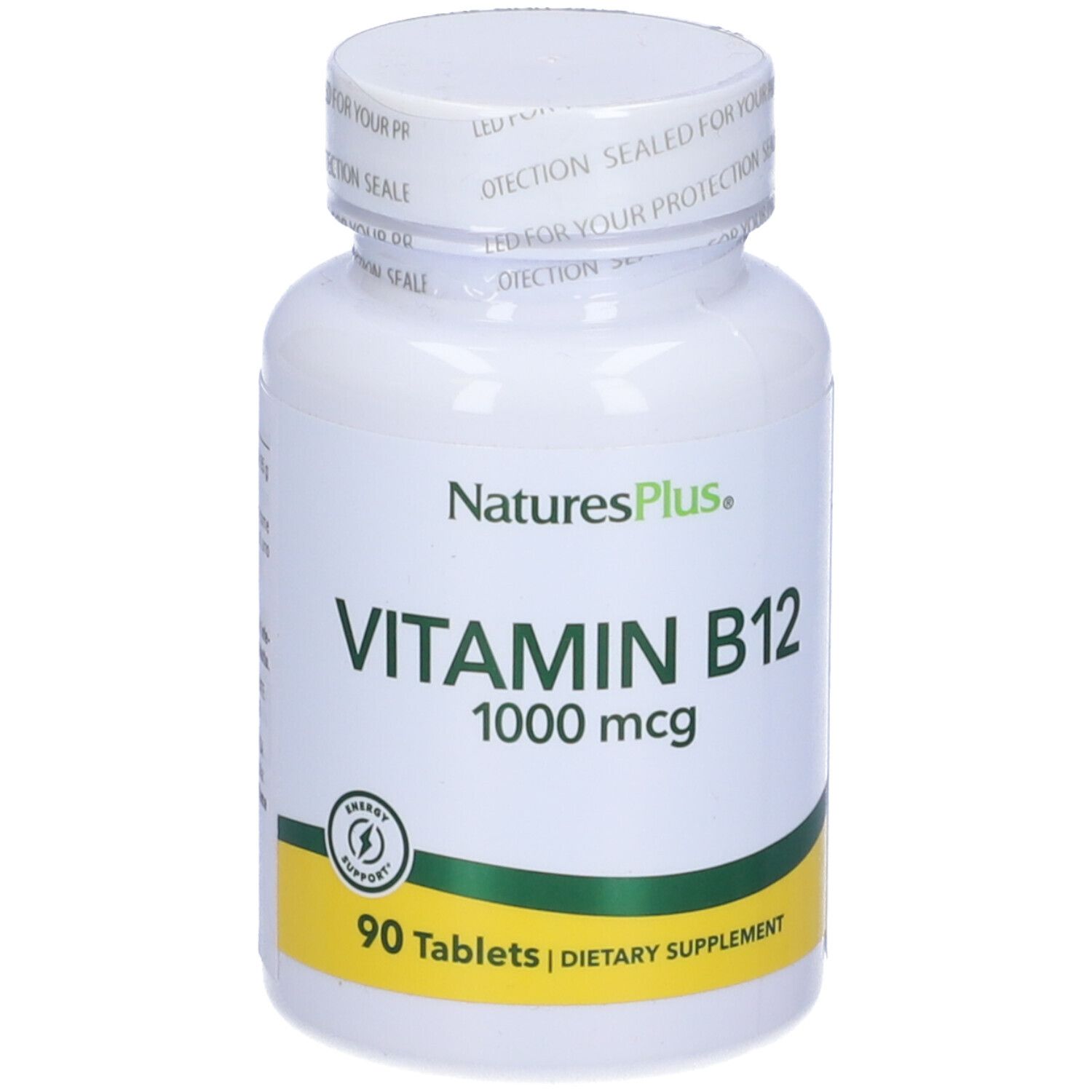 Flacon blanc de Vitamine B12 1000 mcg, marque NaturesPlus. 90 comprimés, complément alimentaire.