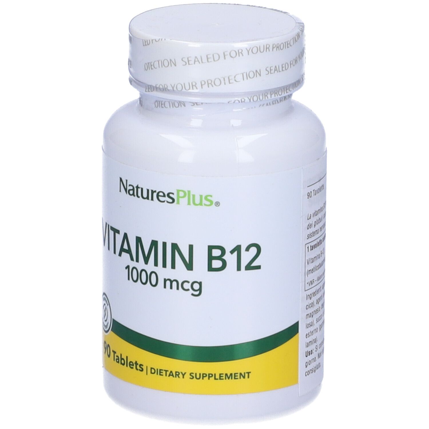Flacon blanc de Vitamine B12 1000 mcg, marque NaturesPlus. 90 comprimés, complément alimentaire.
