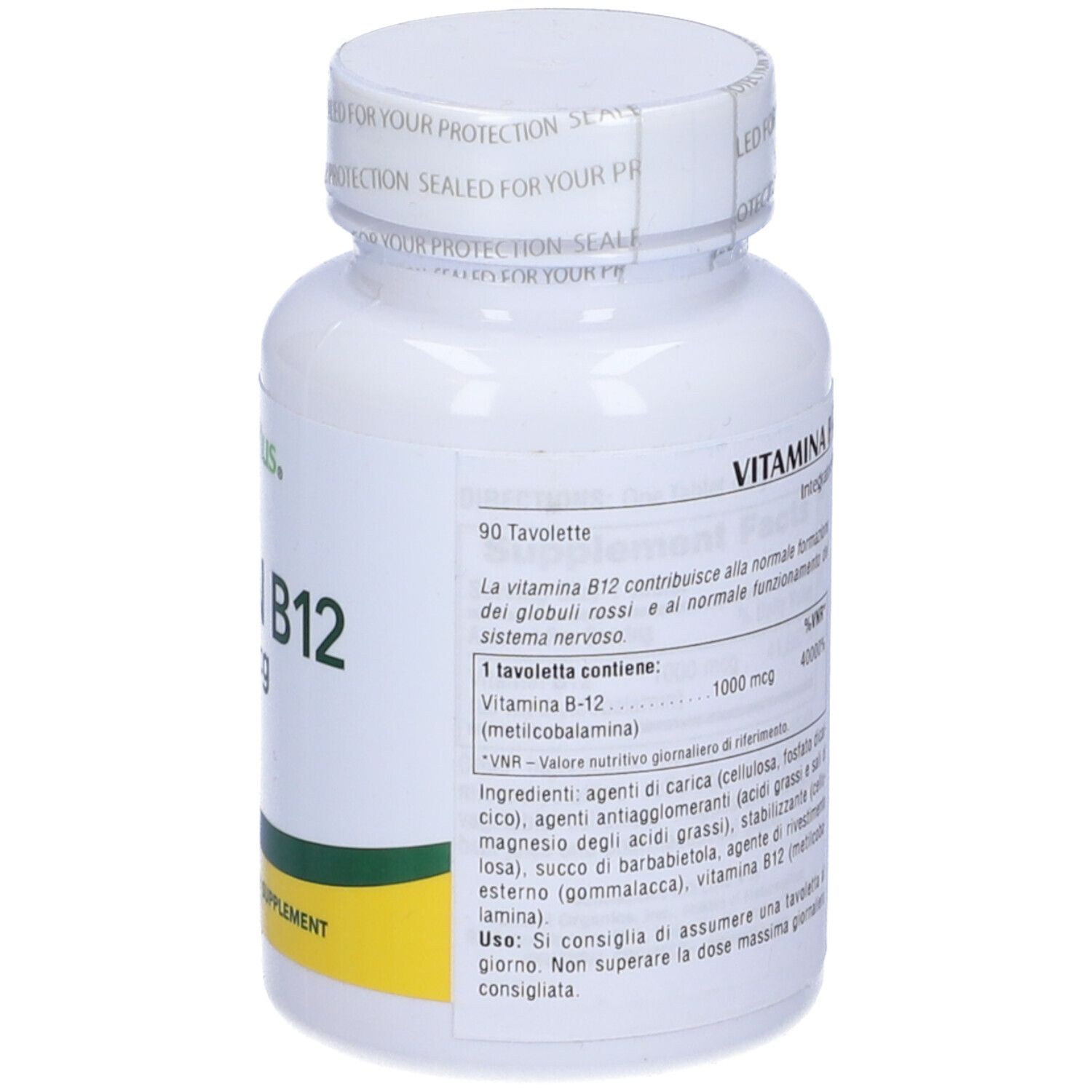 Vue arrière d'un flacon blanc de Vitamine B12 1000 mcg. Texte en italien. 90 comprimés, complément alimentaire.