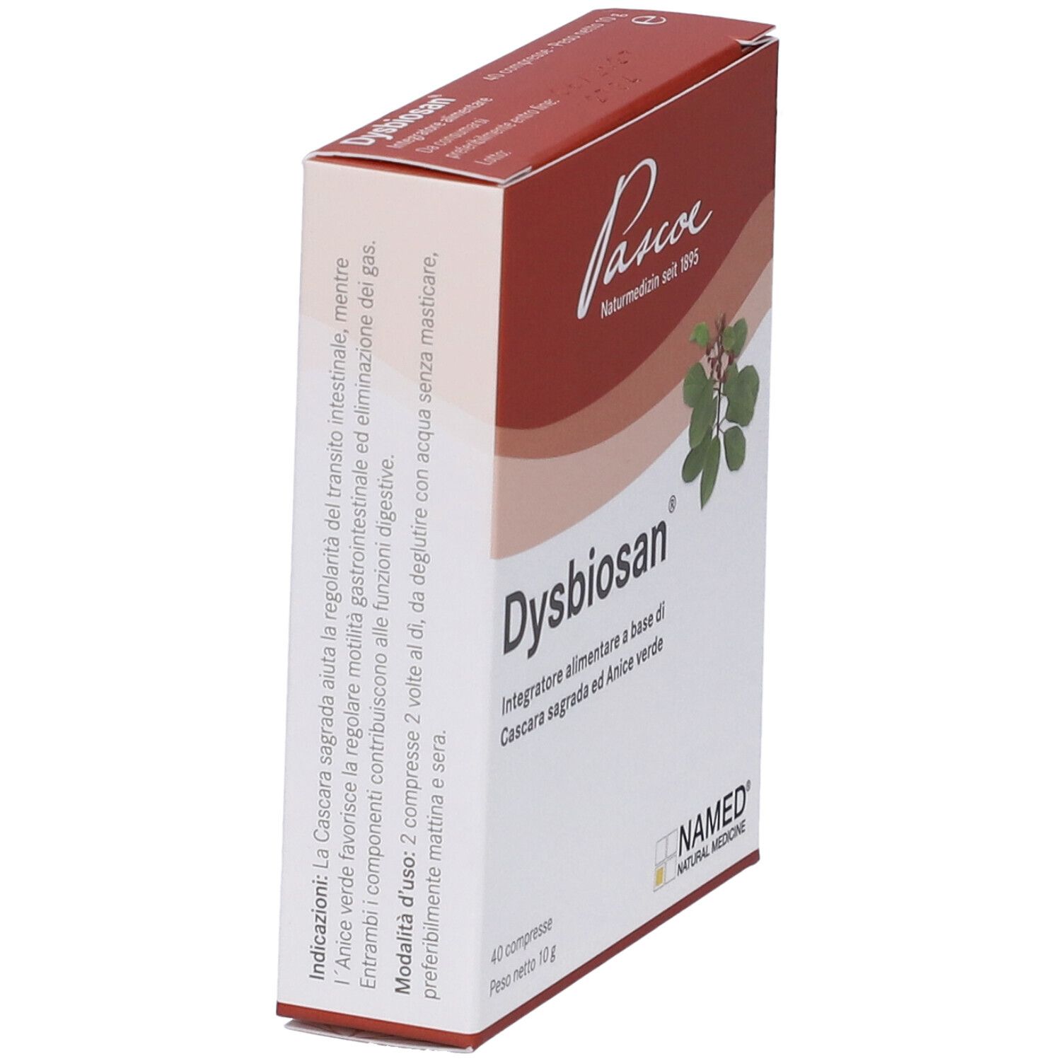 Emballage de Dysbiosan® en biais. Inscription: Pascoe, Naturmedizin seit 1895. NAMED Natural Medicine. 40 compresse.