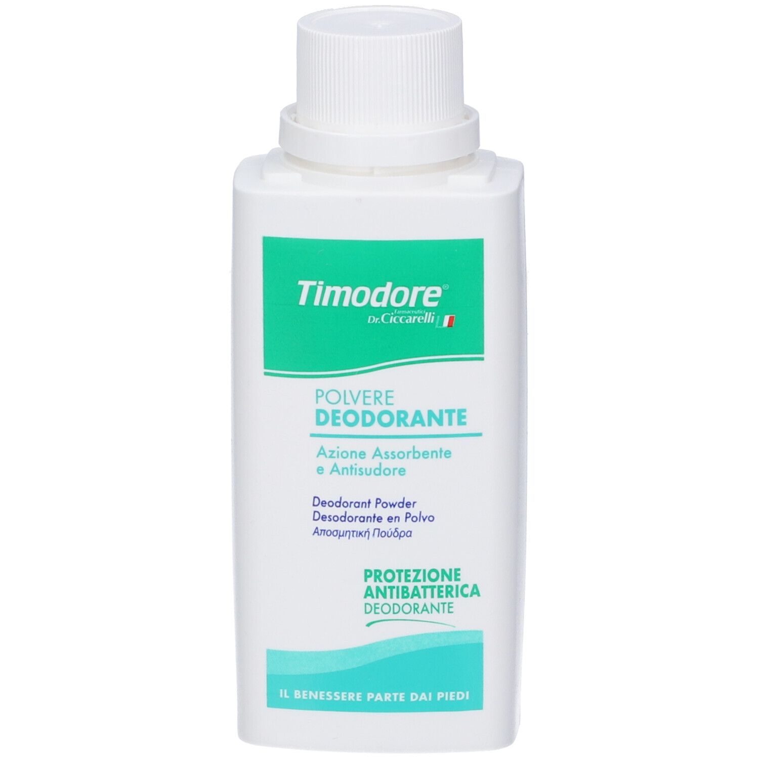 Weiße Flasche Dr. Ciccarelli Timidore Deo Puder mit Etikett.