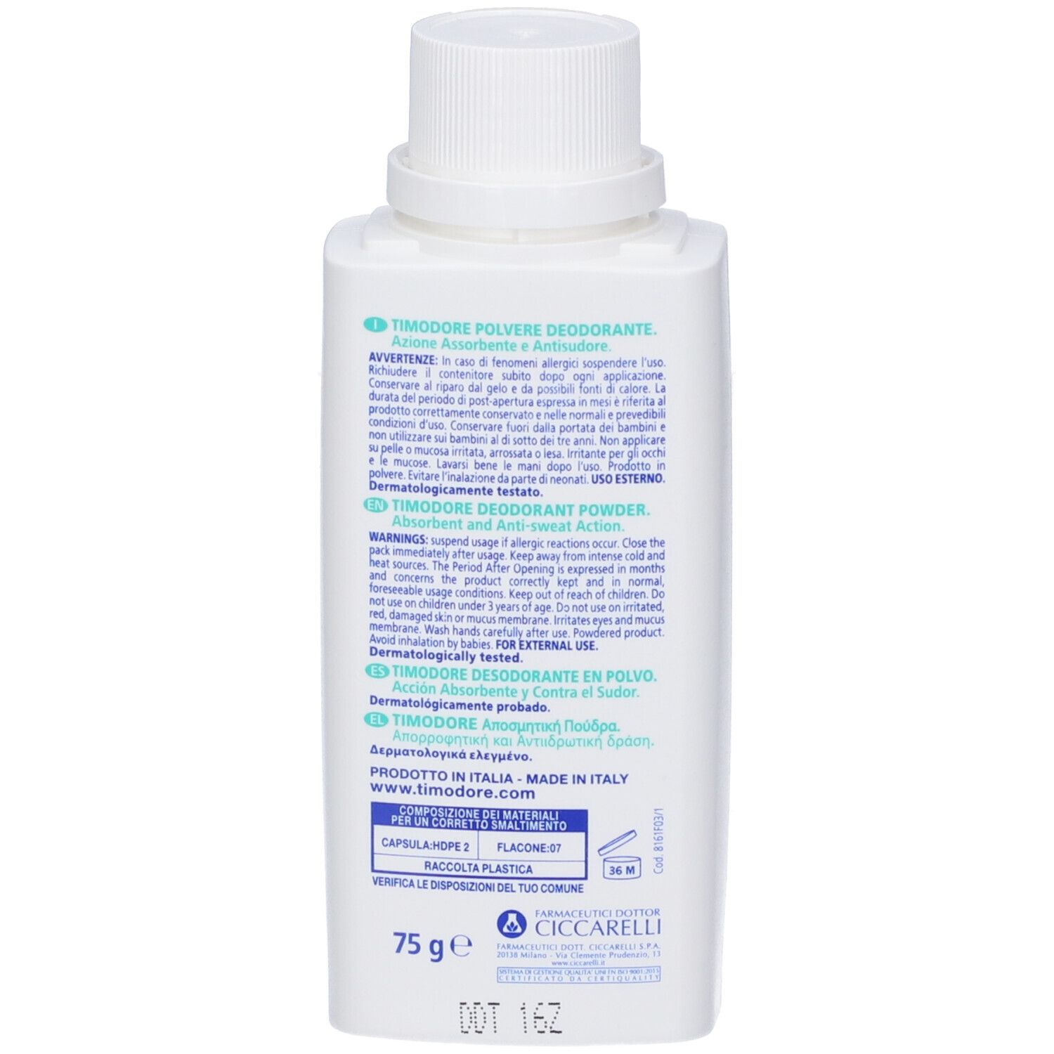 Rückseite der Flasche Dr. Ciccarelli Timidore Deo Puder mit Produktinformationen.