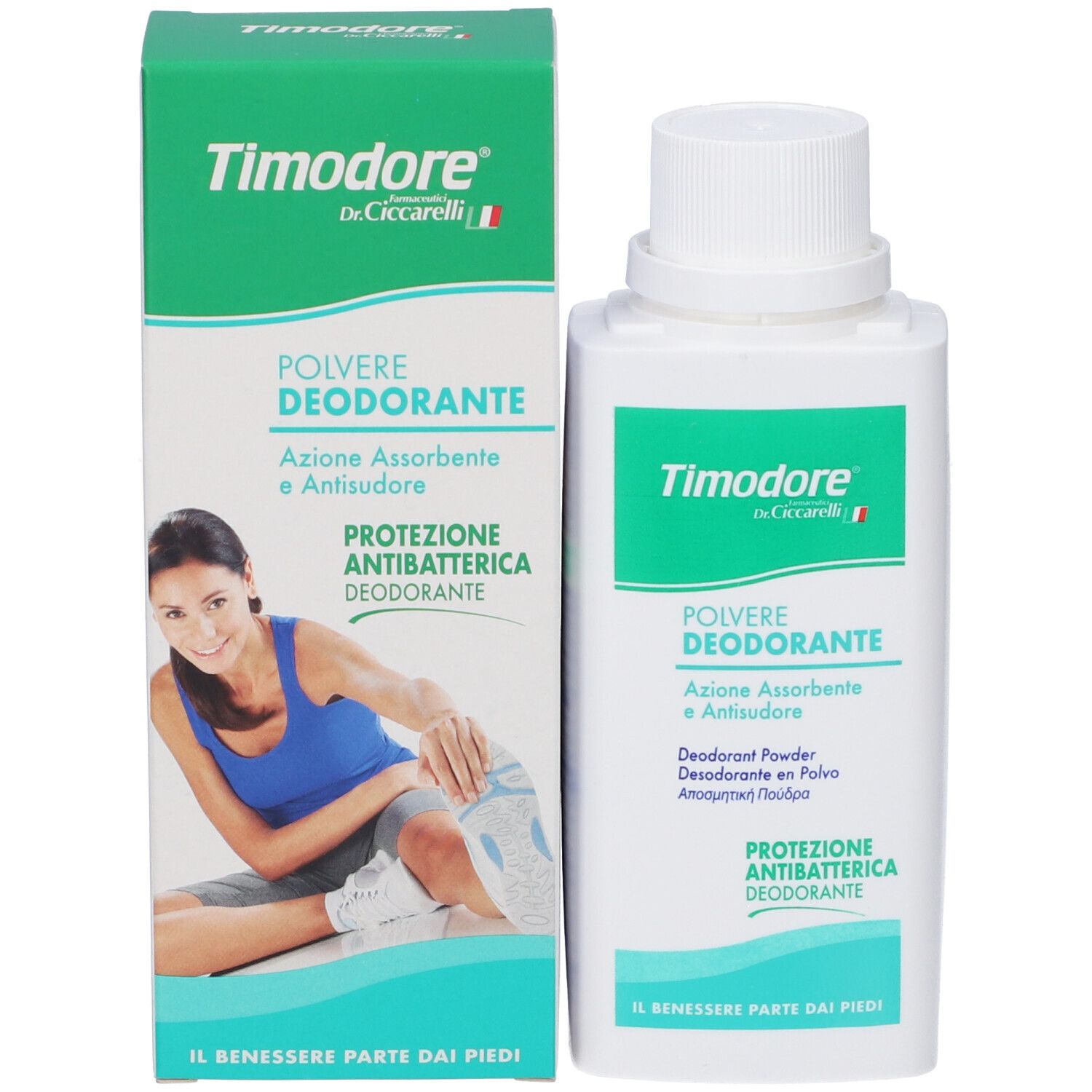 Verpackung und Flasche Dr. Ciccarelli Timidore Deo Puder mit Frau beim Sport.