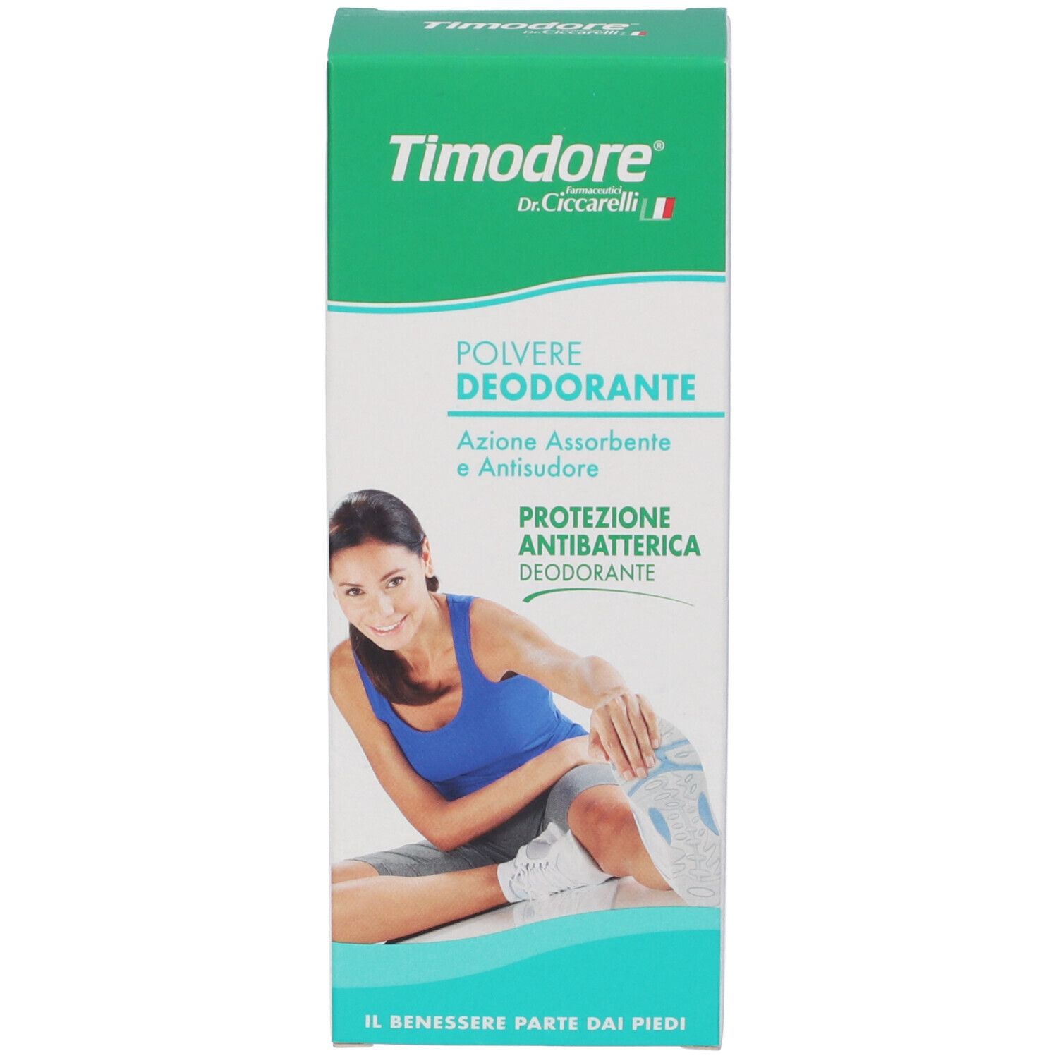 Vorderseite der Verpackung Dr. Ciccarelli Timidore Deo Puder mit Frau beim Sport.