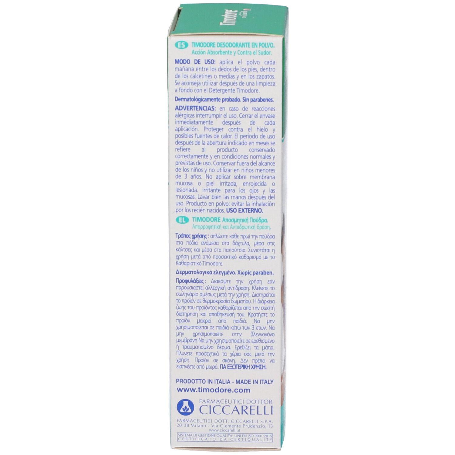 Seite der Verpackung Dr. Ciccarelli Timidore Deo Puder mit detaillierten Informationen.