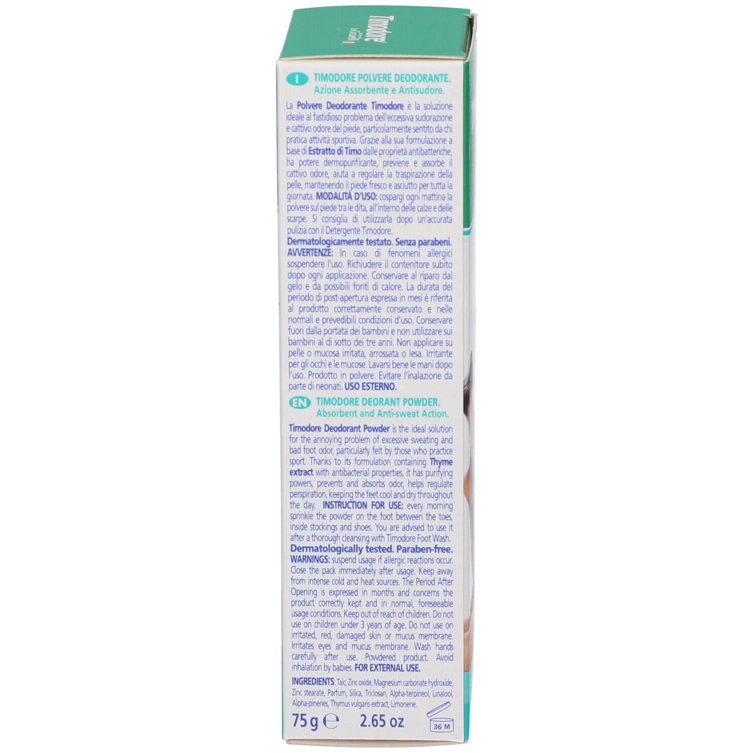 Vorderseite der Verpackung Dr. Ciccarelli Timidore Deo Puder, englische Beschriftung.