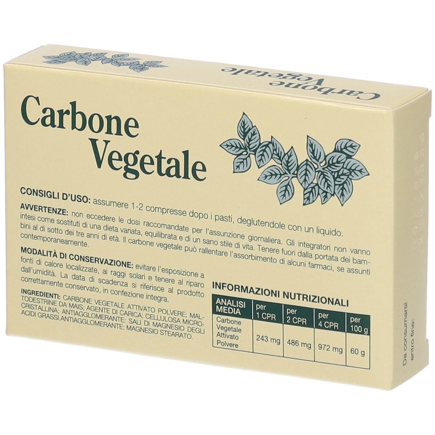 Rückseite der Schachtel mit Carbone Vegetale Tabletten. Text: Carbone Vegetale, Inhaltsstoffe, Nährwertangaben.