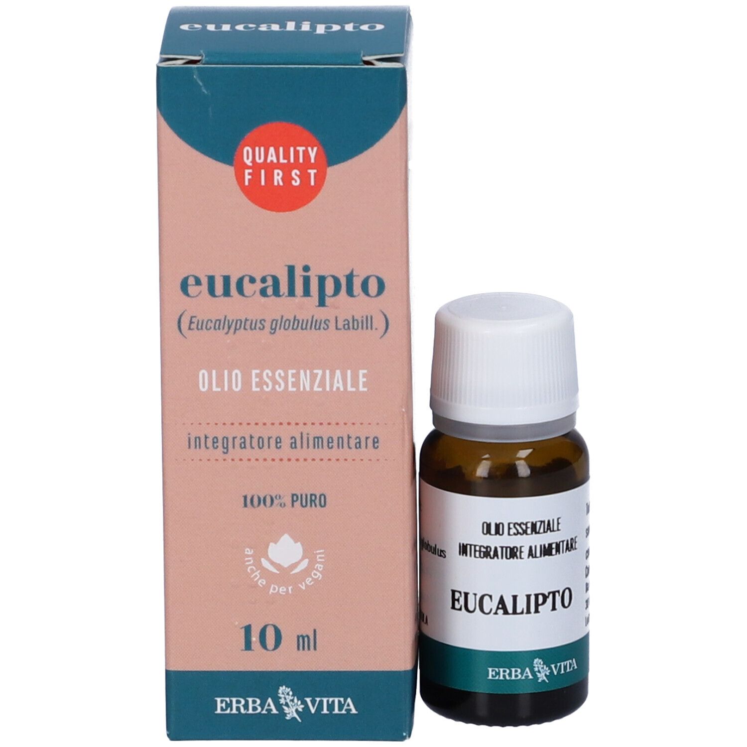 Produktverpackung und Flasche. Karton mit Text: Eucalipto, Olio Essenziale, 10 ml, Erba Vita.
