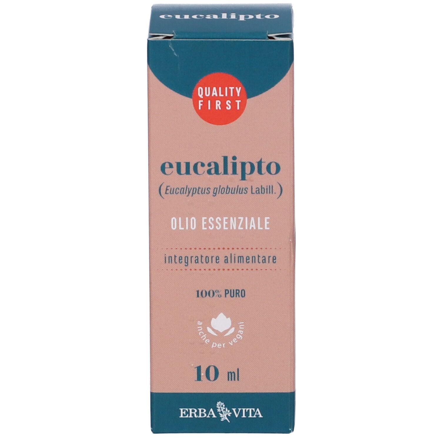 Produktverpackung. Karton mit Text: Eucalipto, Olio Essenziale, 10 ml, Erba Vita.