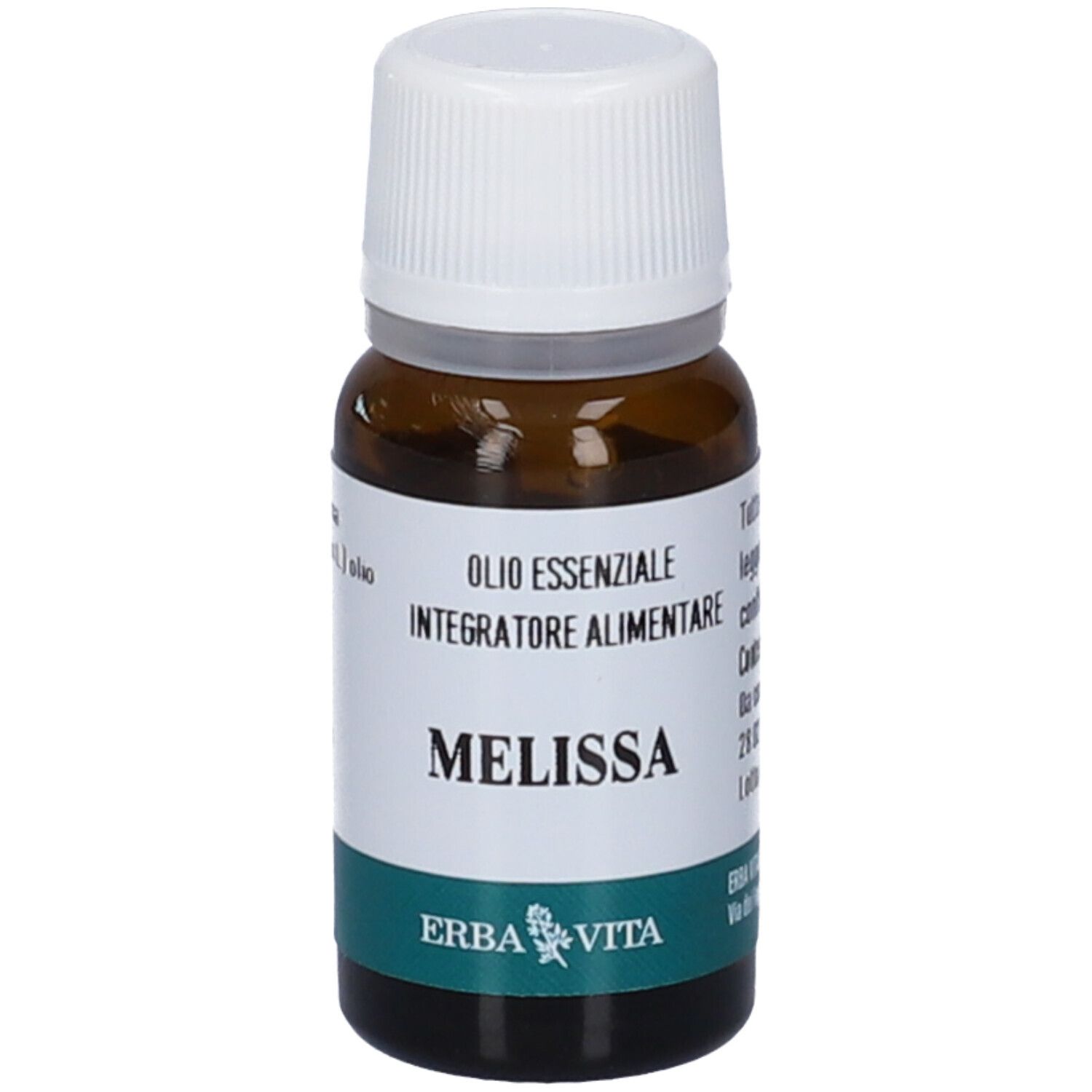 Braune Glasflasche mit weißem Deckel. Aufschrift: Melissa, Olio Essenziale, Integratore Alimentare. Marke: Erba Vita.
