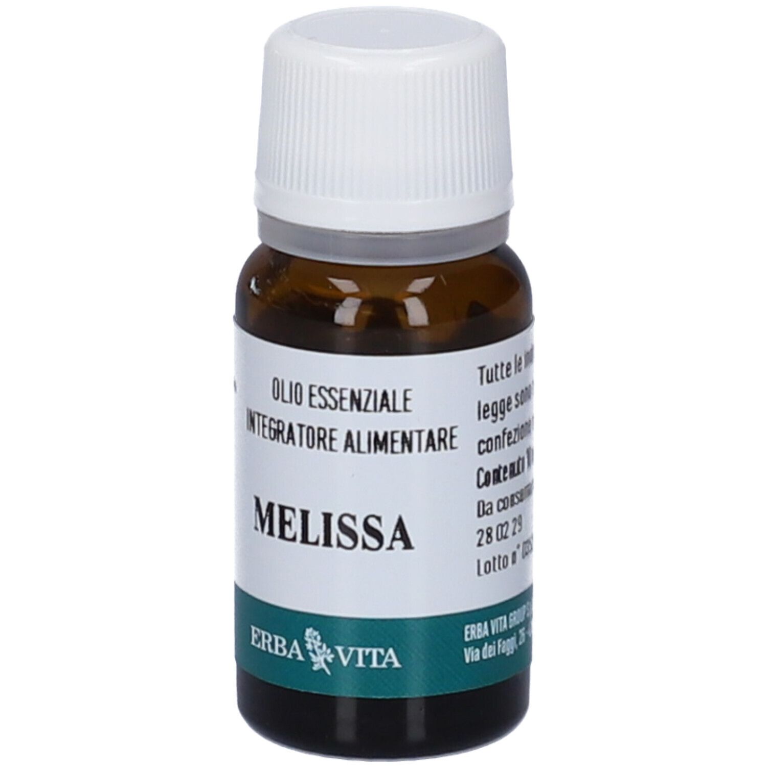 Braune Glasflasche mit weißem Deckel. Aufschrift: Melissa, Olio Essenziale, Integratore Alimentare. Marke: Erba Vita. Text.