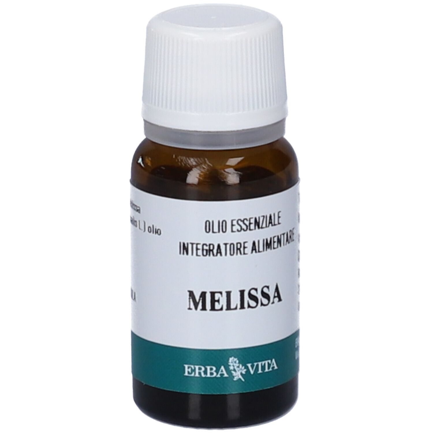 Braune Glasflasche mit weißem Deckel. Aufschrift: Melissa, Olio Essenziale, Integratore Alimentare. Marke: Erba Vita.