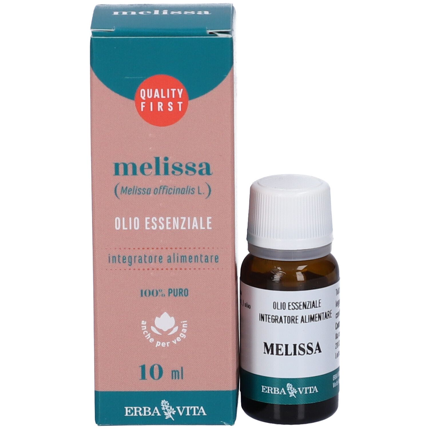 Produktverpackung mit Flasche. Aufschrift: Melissa, Olio Essenziale, Integratore Alimentare. Marke: Erba Vita. 10 ml.