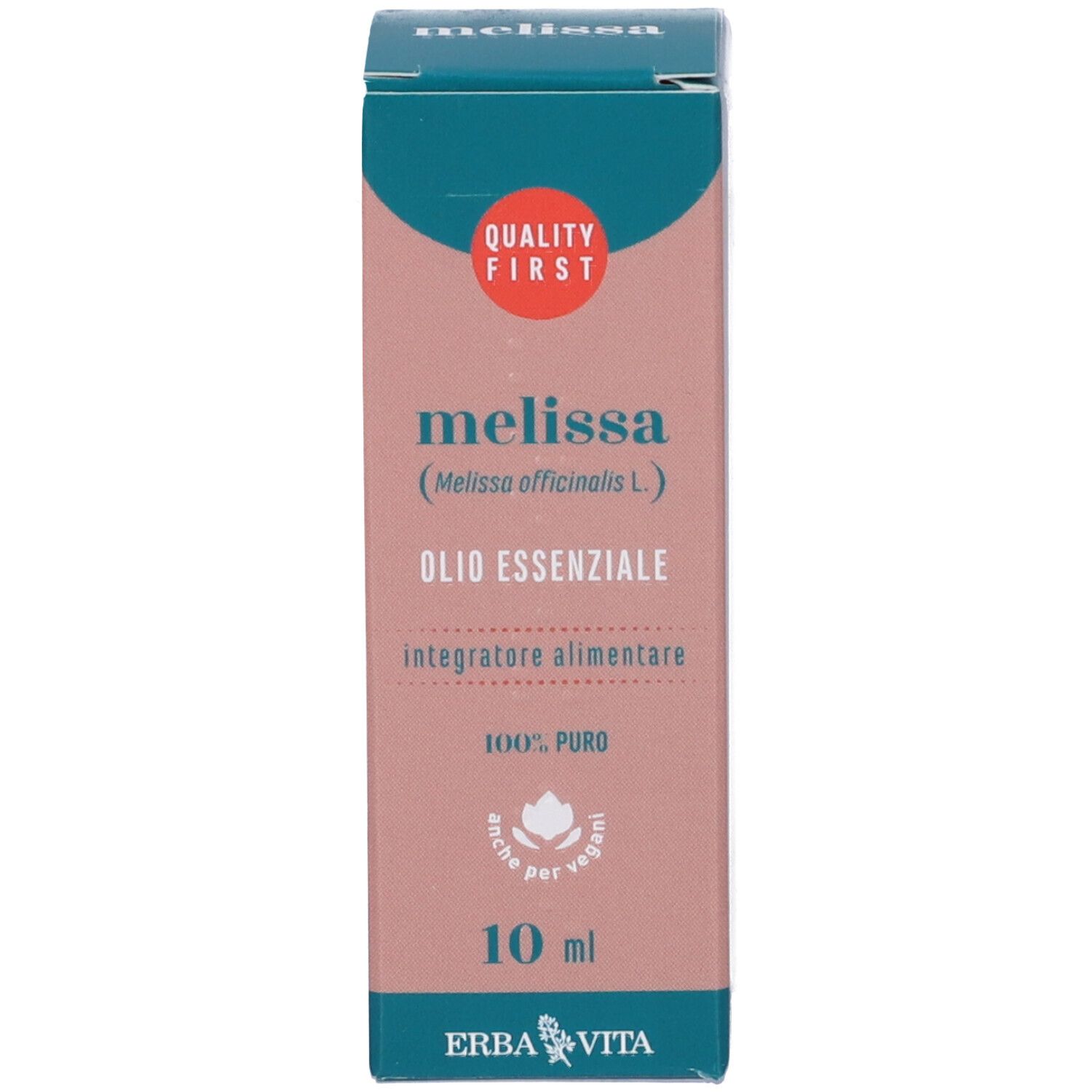 Produktverpackung. Aufschrift: Melissa, Olio Essenziale, Integratore Alimentare. Marke: Erba Vita. 10 ml.